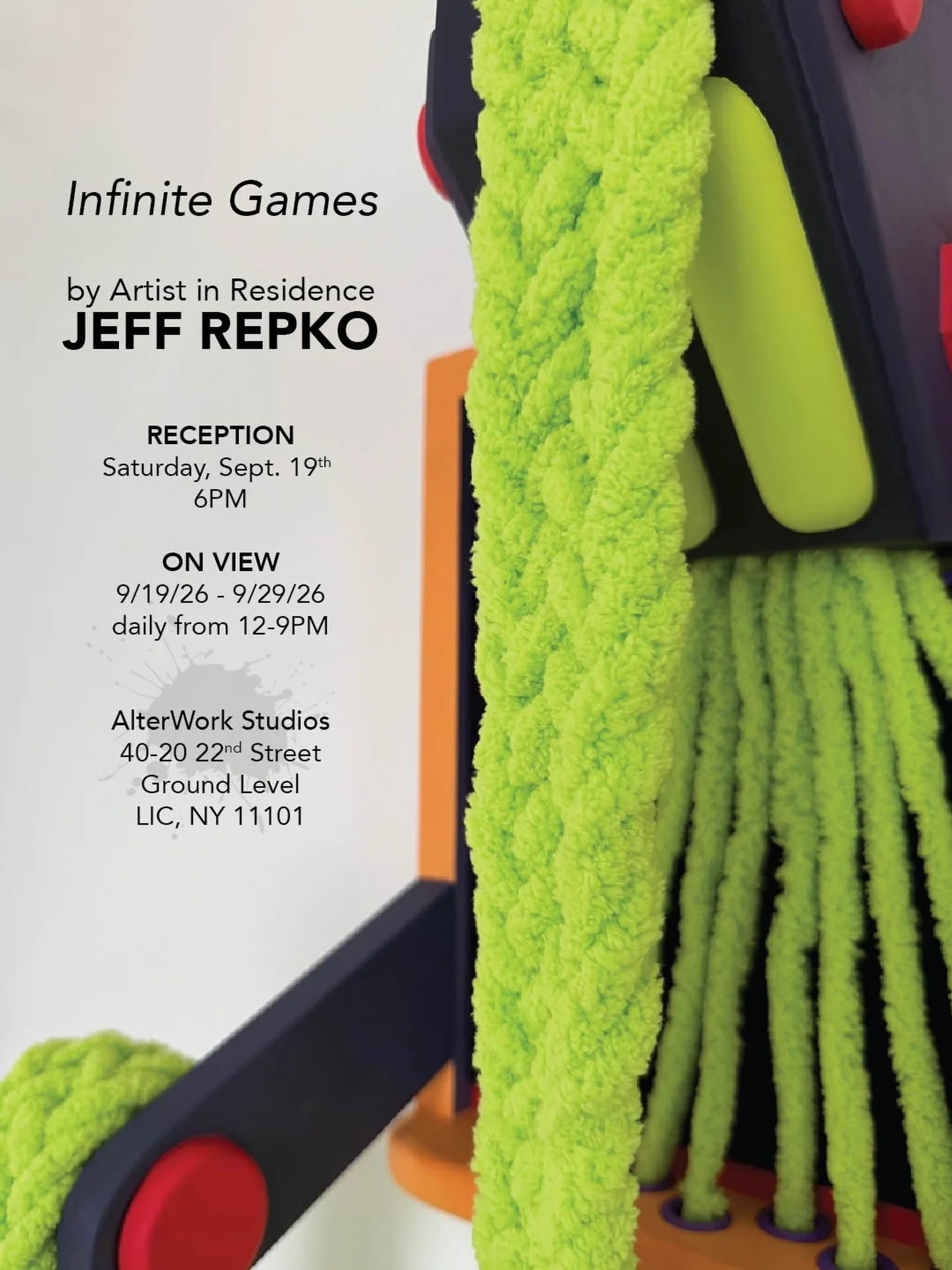 TOMORROW! You&rsquo;re invited to the opening reception of &ldquo;Infinite Games&rdquo; presented by Artist-in-Residence Jeff Repko (@jeff_repko) Join us at 6pm on Saturday, September 19th to kickoff the exhibition. The exhibit is on display daily 12