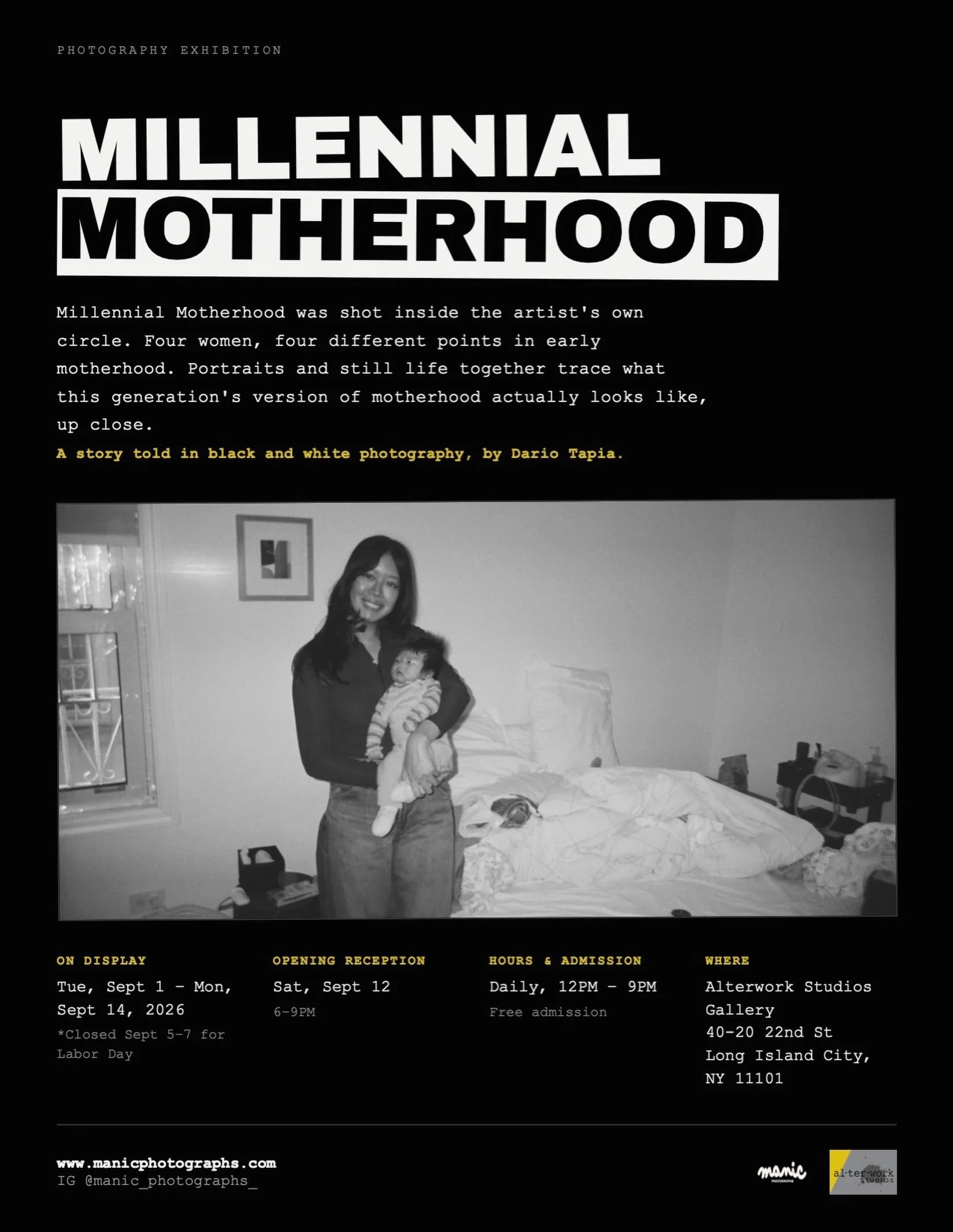 Currently on view! &ldquo;Millennial Motherhood&rdquo; by studio artist Dario Tapia (@manic_photographs_) All are invited to the opening reception on Saturday, September 12th at 6PM. 

The exhibit is open daily from 12-9PM. Please note that the galle