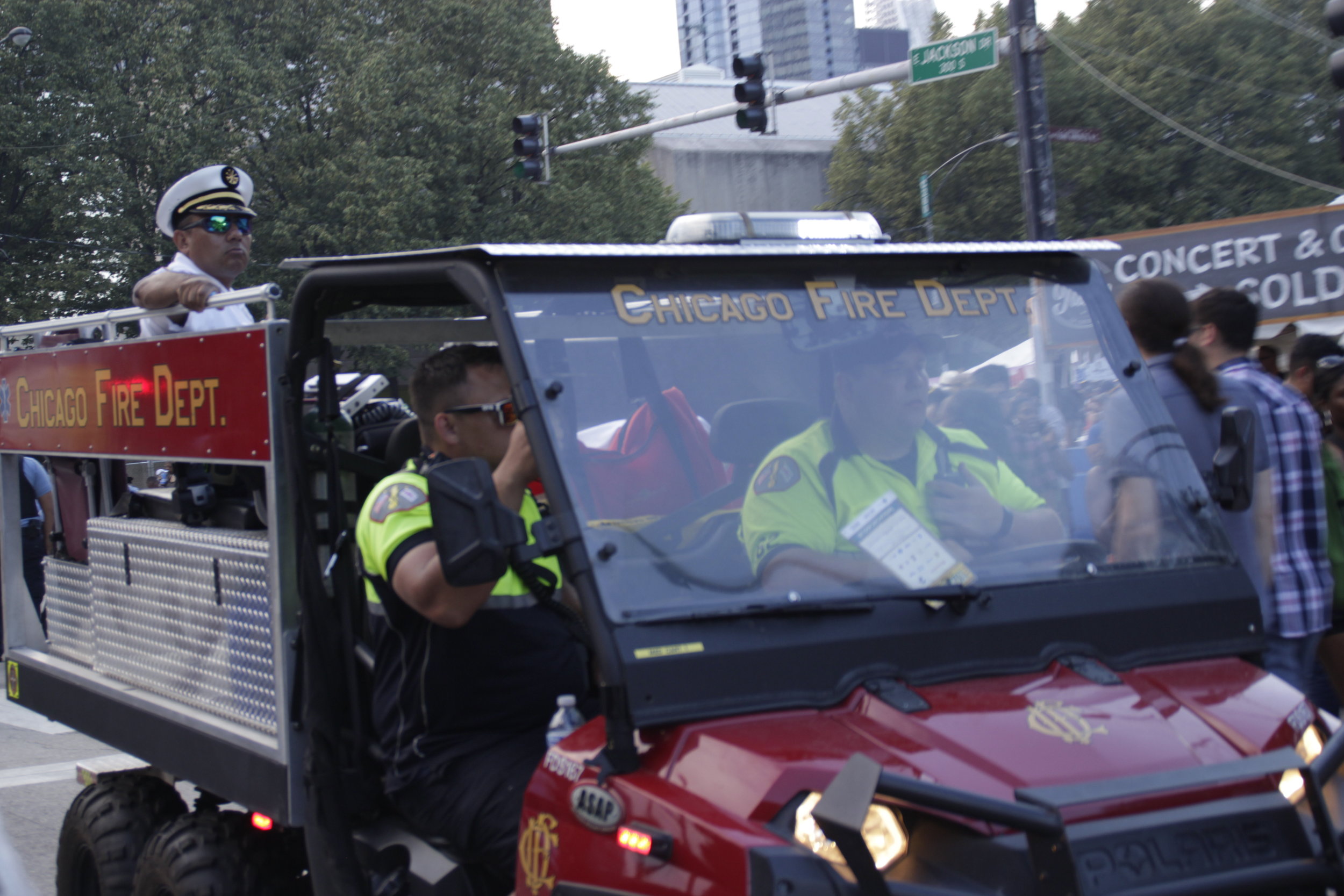  Chicago Fire Department had both foot and car patrols on site at the 2019 Taste of Chicago to assist with crowd control. Other security included Chicago Police Department, undercover police officers with vests, United Security, traffic and parking e