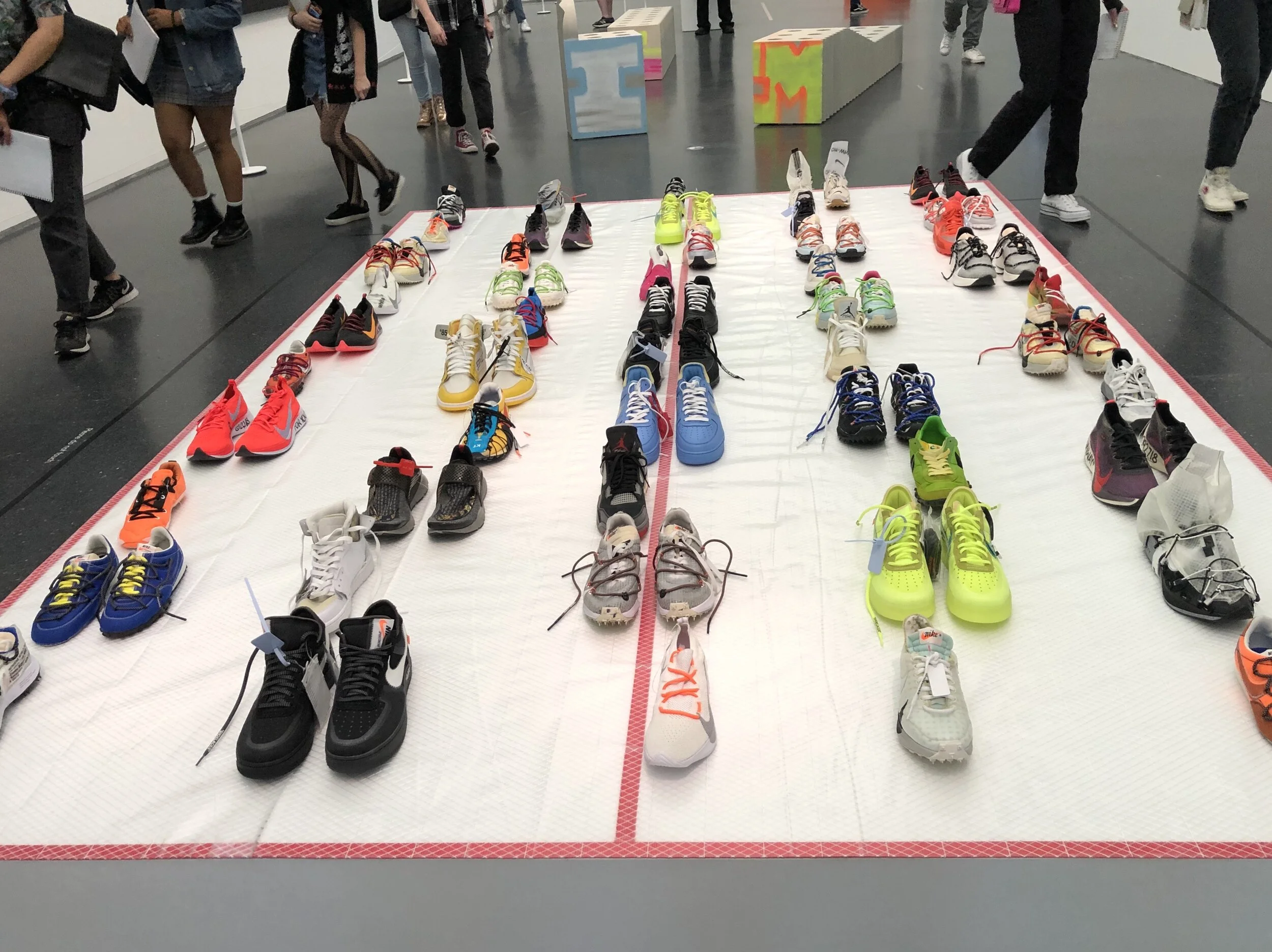A platform of shoes marks Nike and Virgil’s 2017 collaboration to re-design 10 of Nike’s best-selling shoes.
