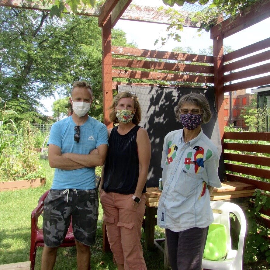  Founders James Weedan and Danielle Hrzic with Co-ordinator and Treasurer Sally Freeman under the Taylor Street Farms gazebo 