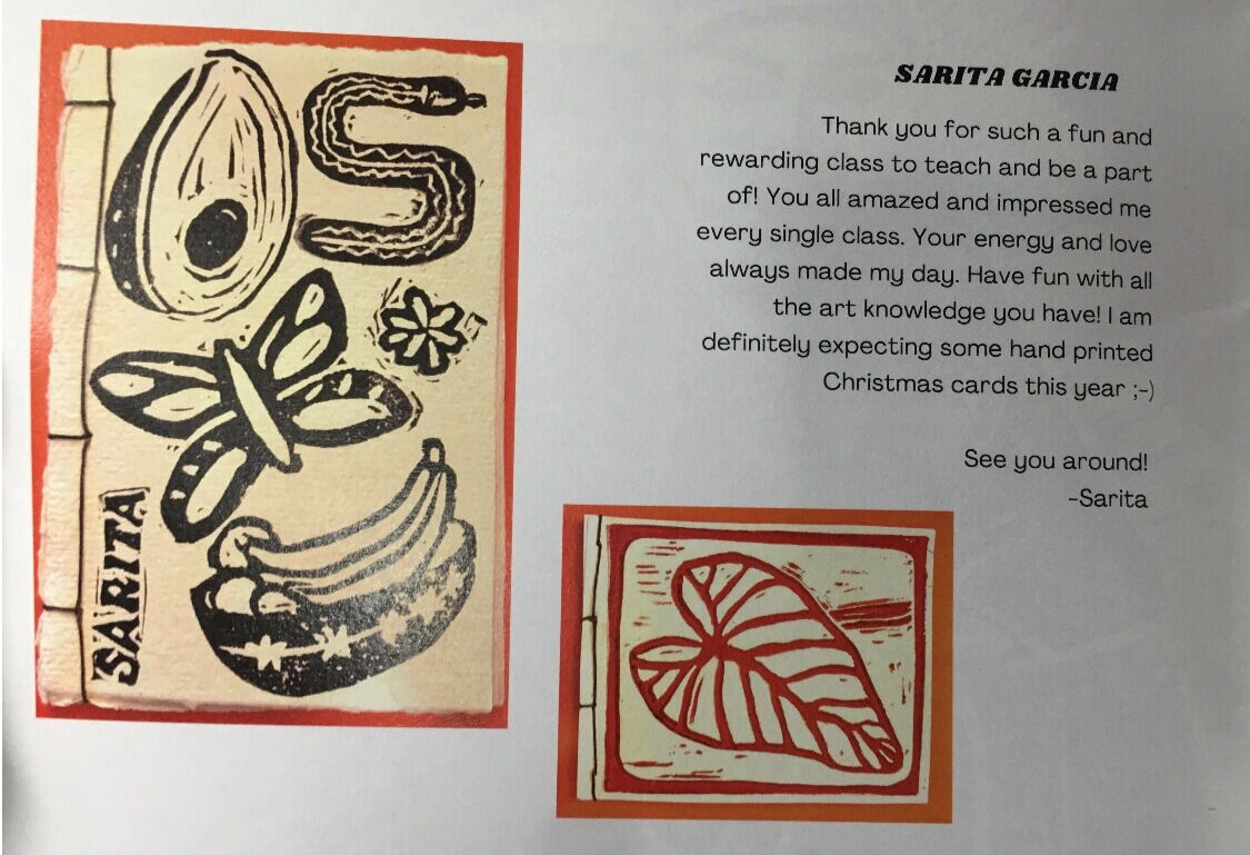  Statement from the instructor of the class accompanied by two prints of nature. Pictured is an avocado, butterfly, snake flower and bowl of fruit alongside a leaf. 