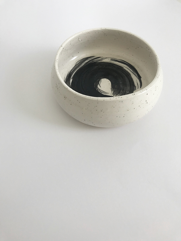 Turn Me Bowl / $30 White clay with black sand, black underglaze design and clear glaze