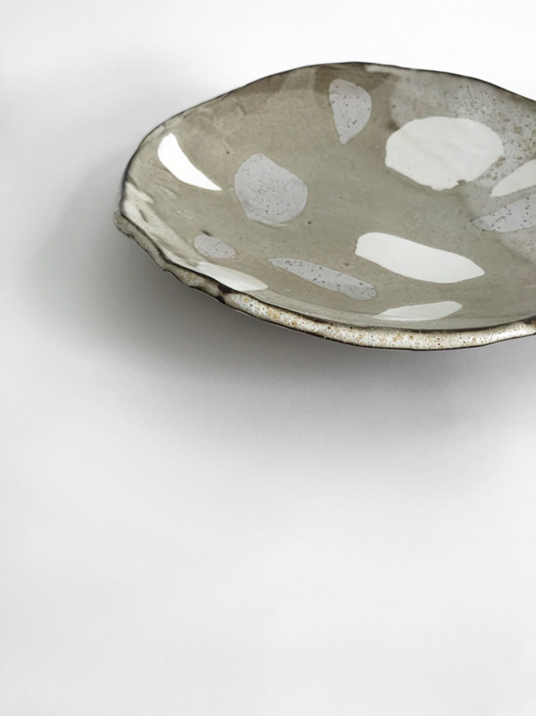 Strata Plate / $75 – SOLD Black, white & speckled buff clay with matt white glaze