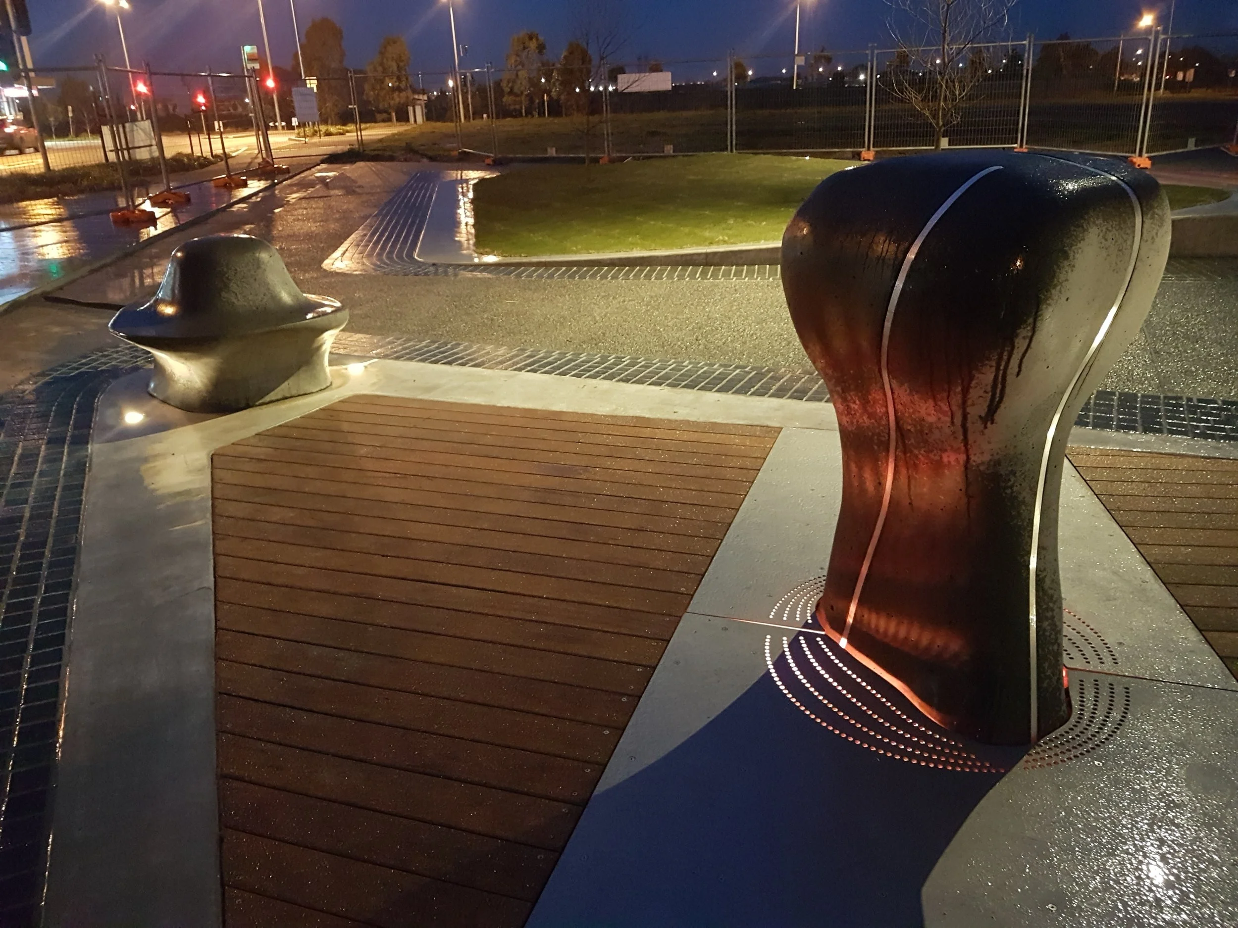 Touchstone - City of Casey An interactive artwork integrated into the plaza of the Clyde North community centre. The stone vibrates the ground when it is touched. Every dawn and dusk the artwork creates a performance for the community based on the interactions that have occurred during the day. A sound recording of the artwork's pre-installation prototype can be found here .