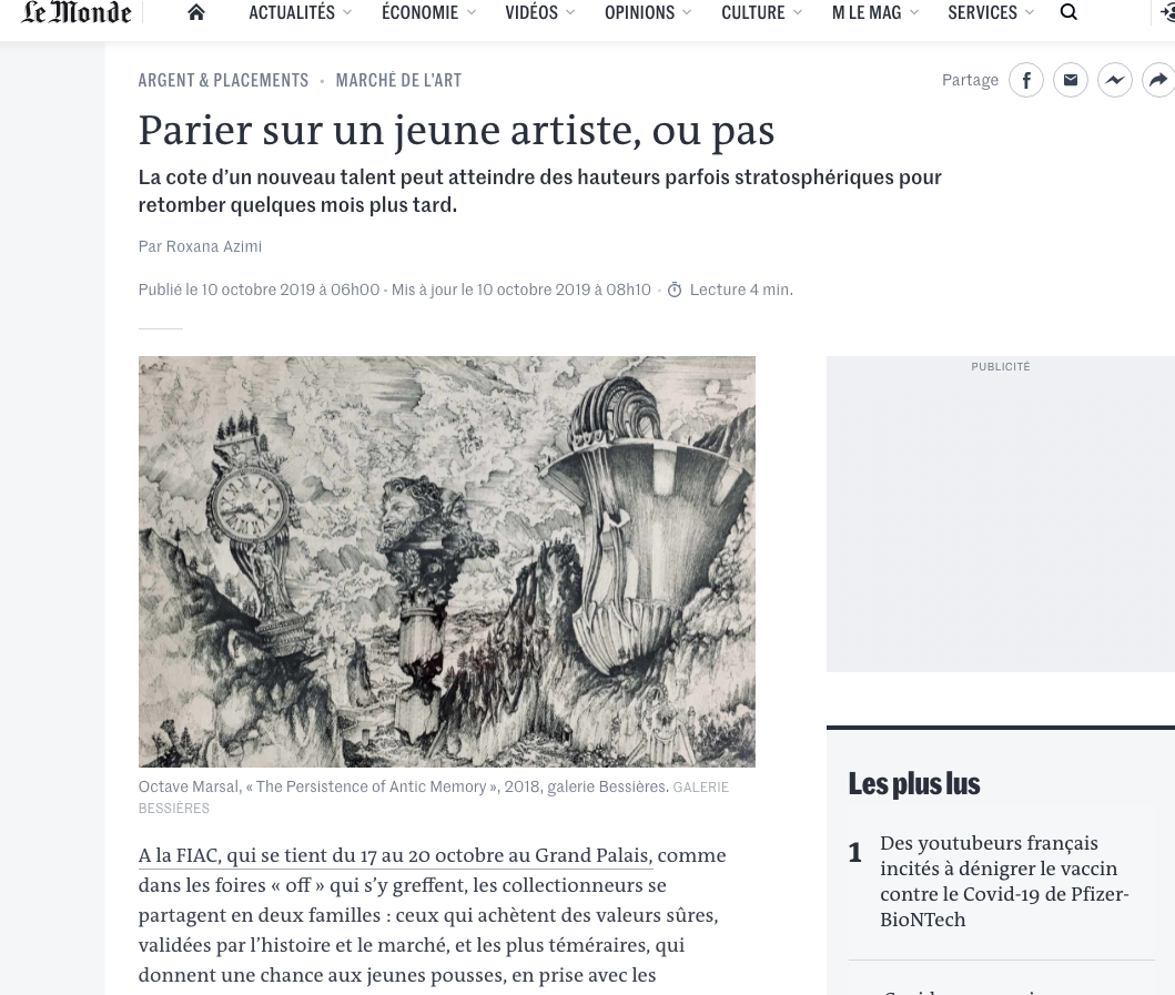 Oct 2019 - Roxana Azimi du Journal le Monde remarque Octave Marsal pendant la semaine des grandes Foires parisiennes Fiac et Galeristes 2019