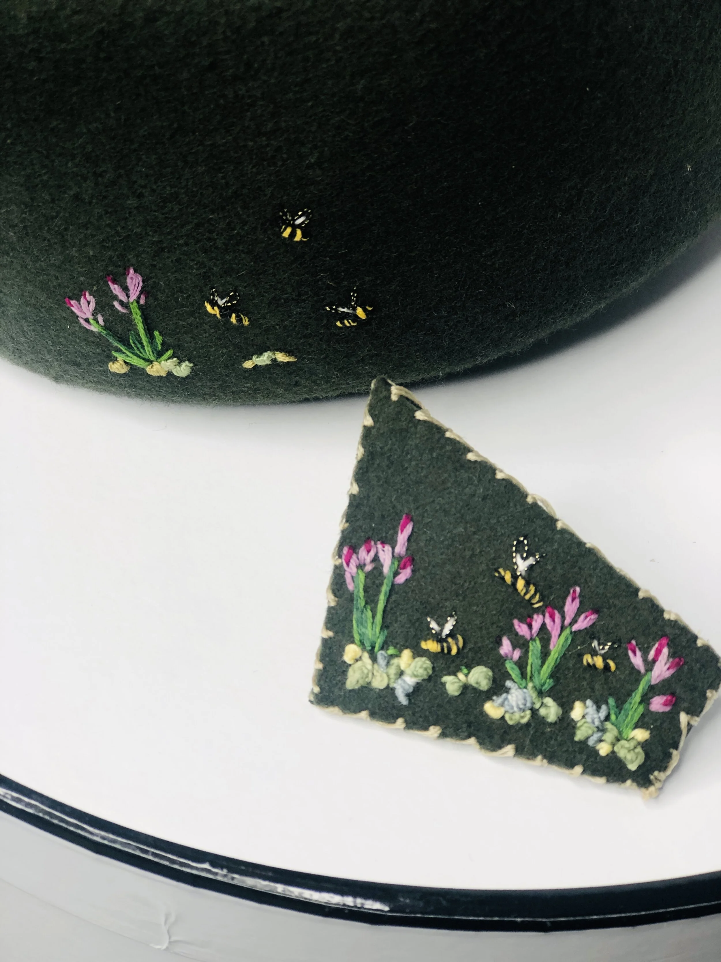 Hand  embroidery garden on green wool felt cap