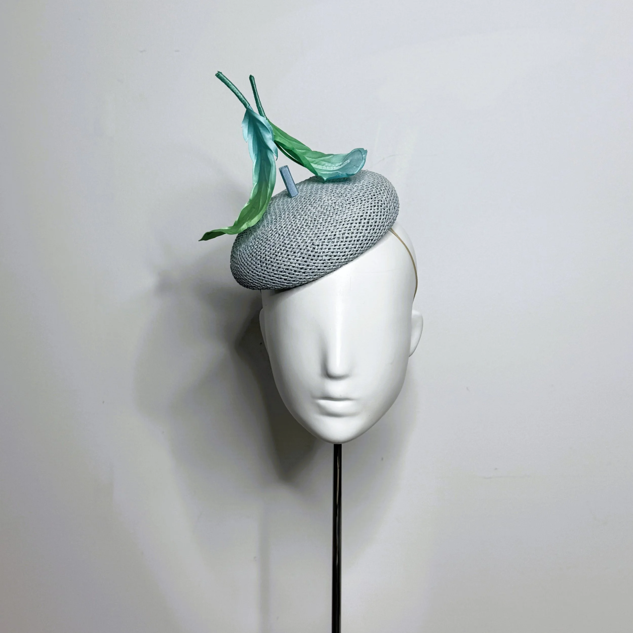 Elegant Baby Blue Straw Button Hat with Ombre Silk Feathers