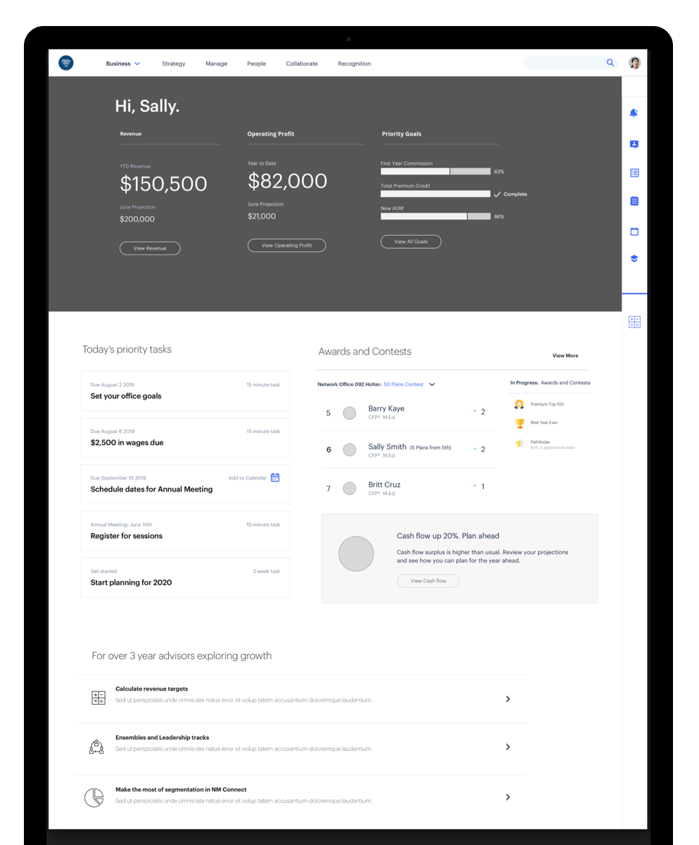 Homepage wireframe. Multiple iterations and rounds of feedback were applied before going into visual design.