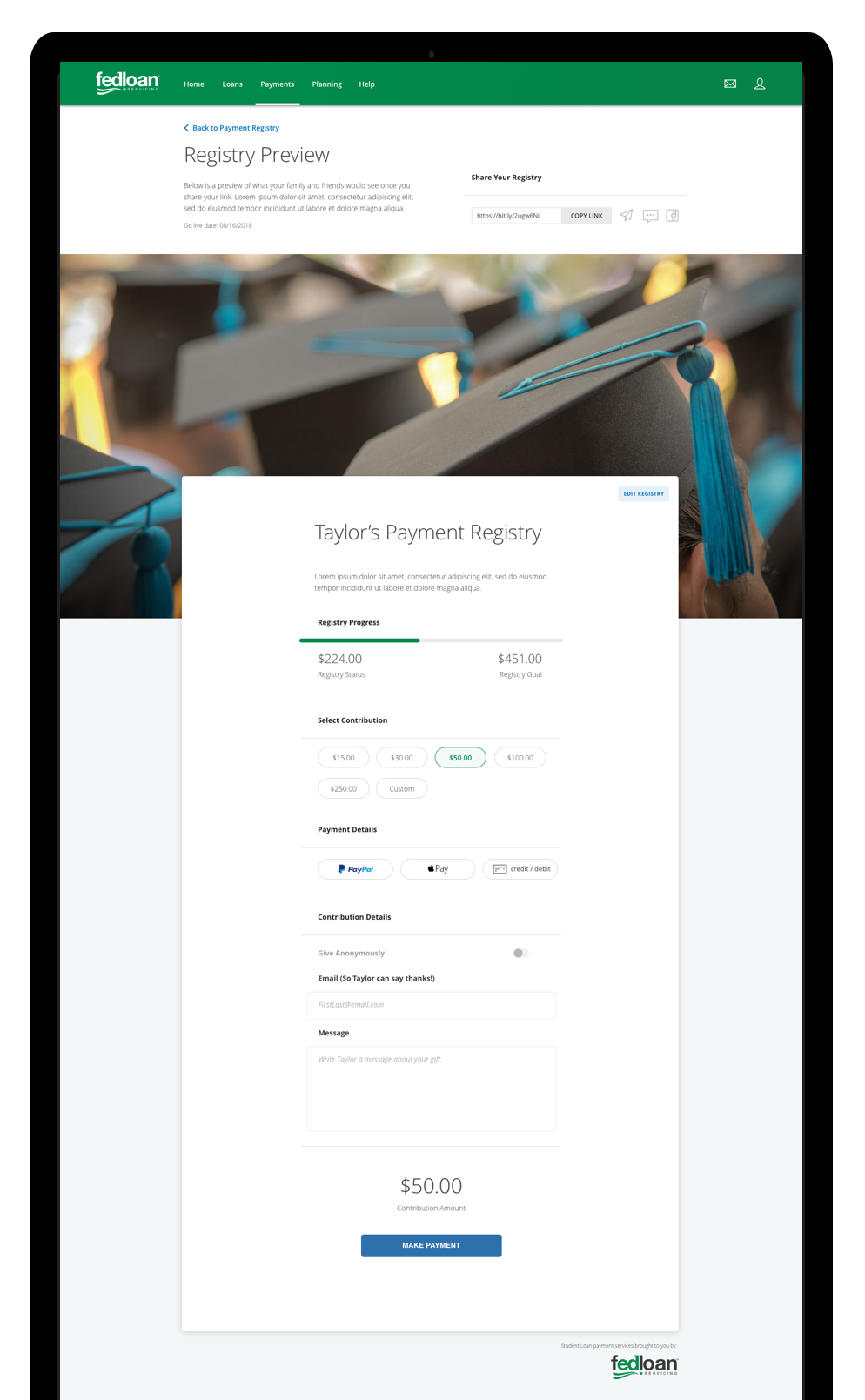 Above: Final design of a ‘Payment Registry’ page, enabling borrowers to receive small cash injections whilst they’re in grace period.