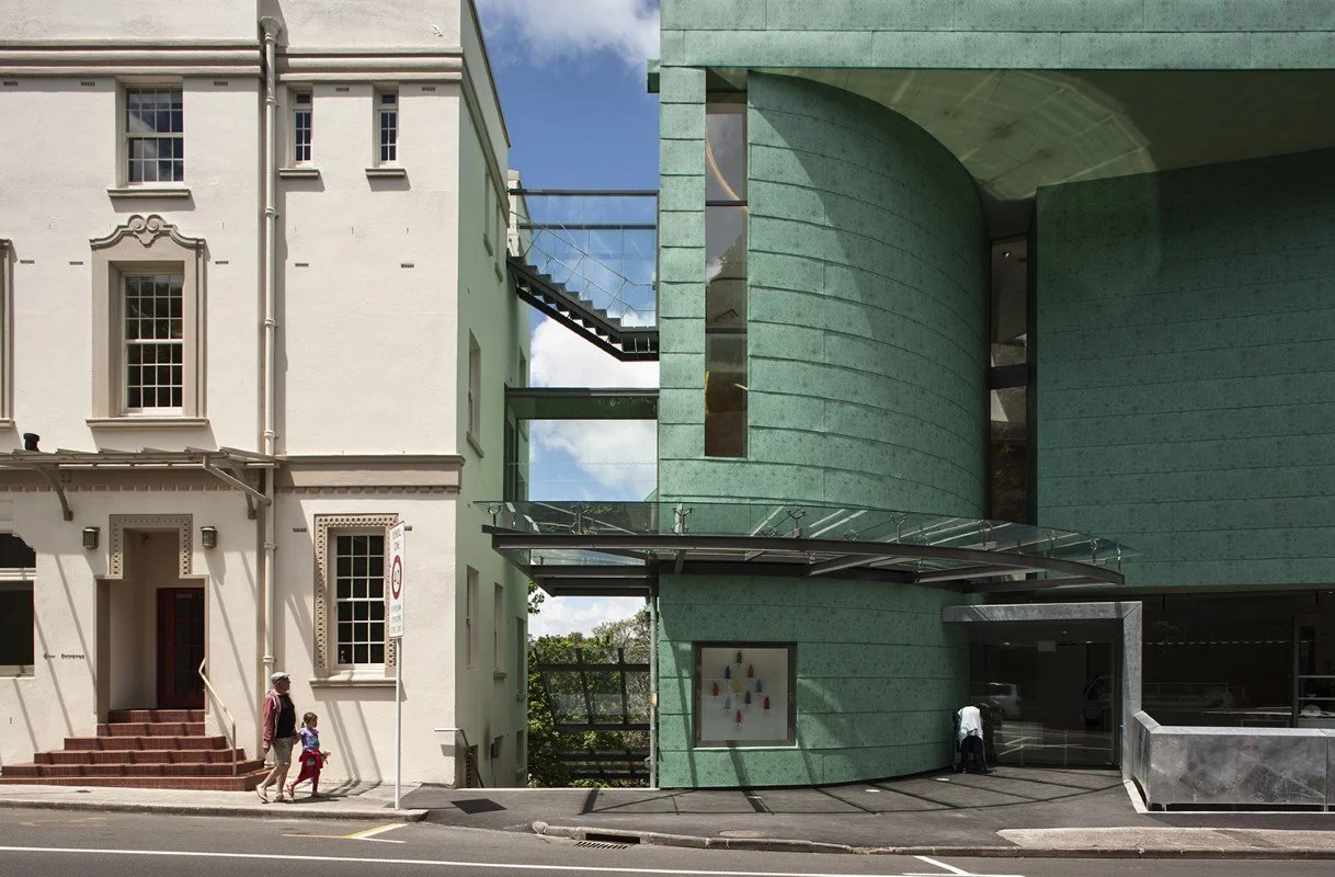 Historic Lopdell House building connected with Te Uru Gallery throughs stairs close up