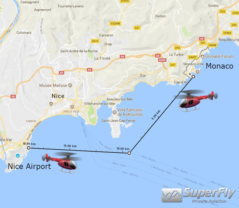 Click here to open Google Maps in a new tab . The 7 min Helicopter flight path between Monaco and Nice reaches peak usage during the Monaco Yacht Show and Monaco Grand Prix