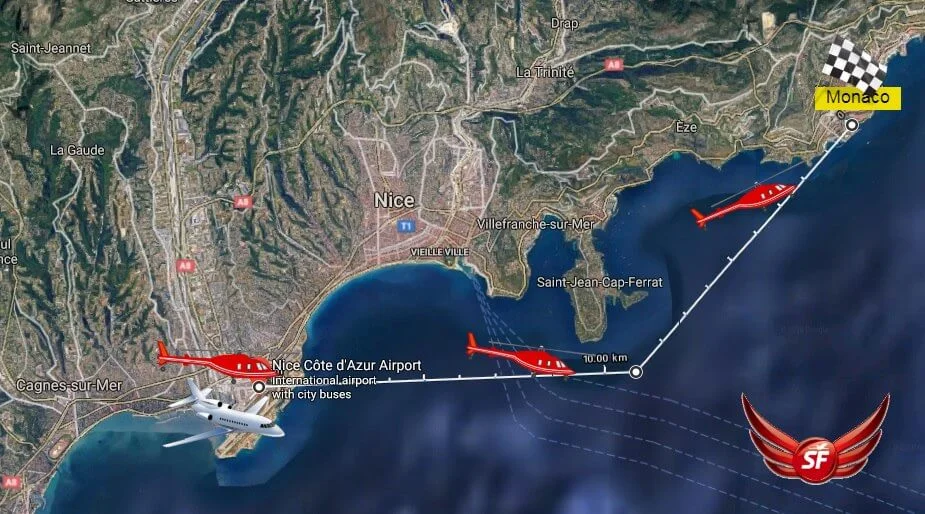 Map showing the 7 minute helicopter route between Nice Airport and Monaco