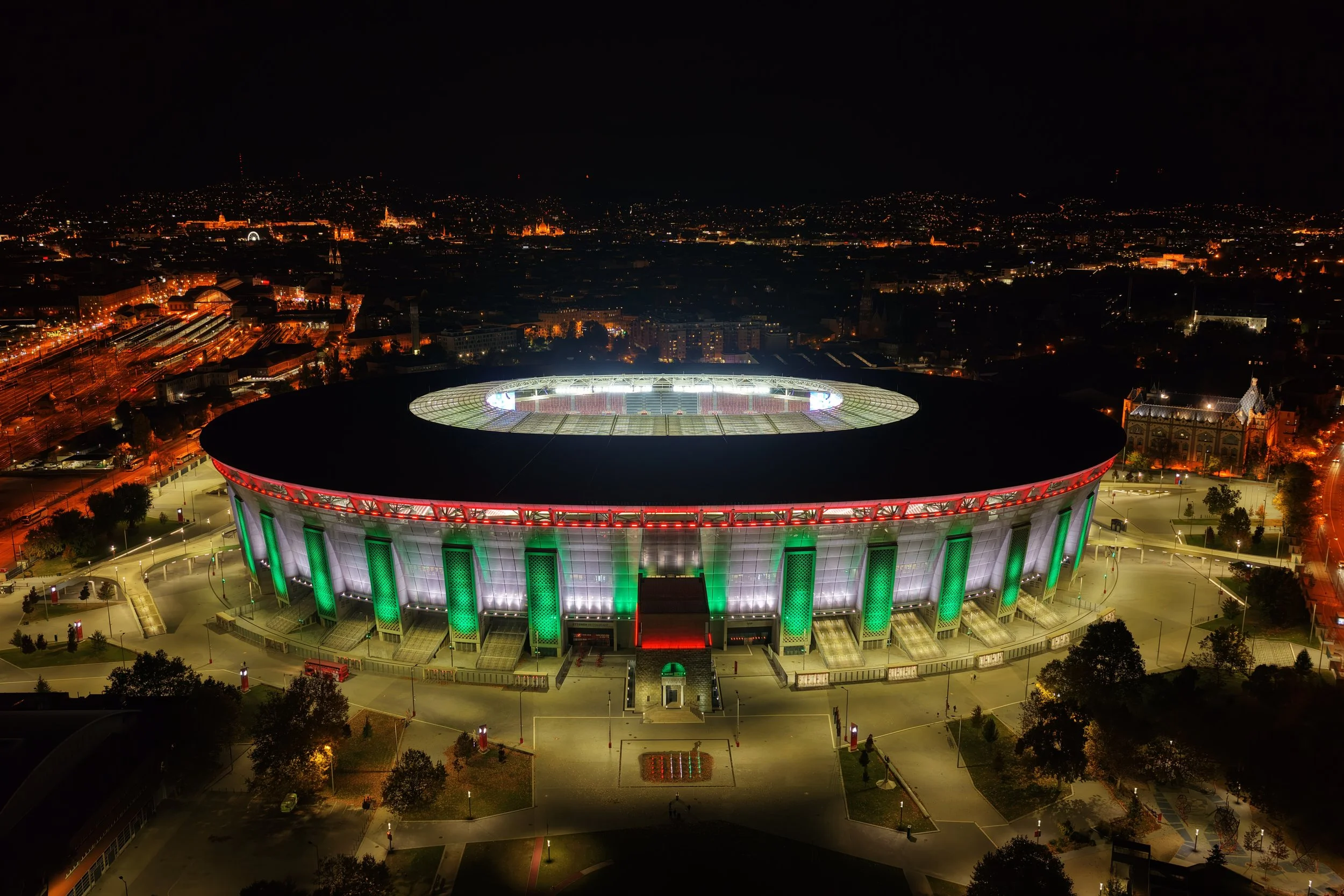 Puskás Aréna stadium Budapest by drone at night.JPG