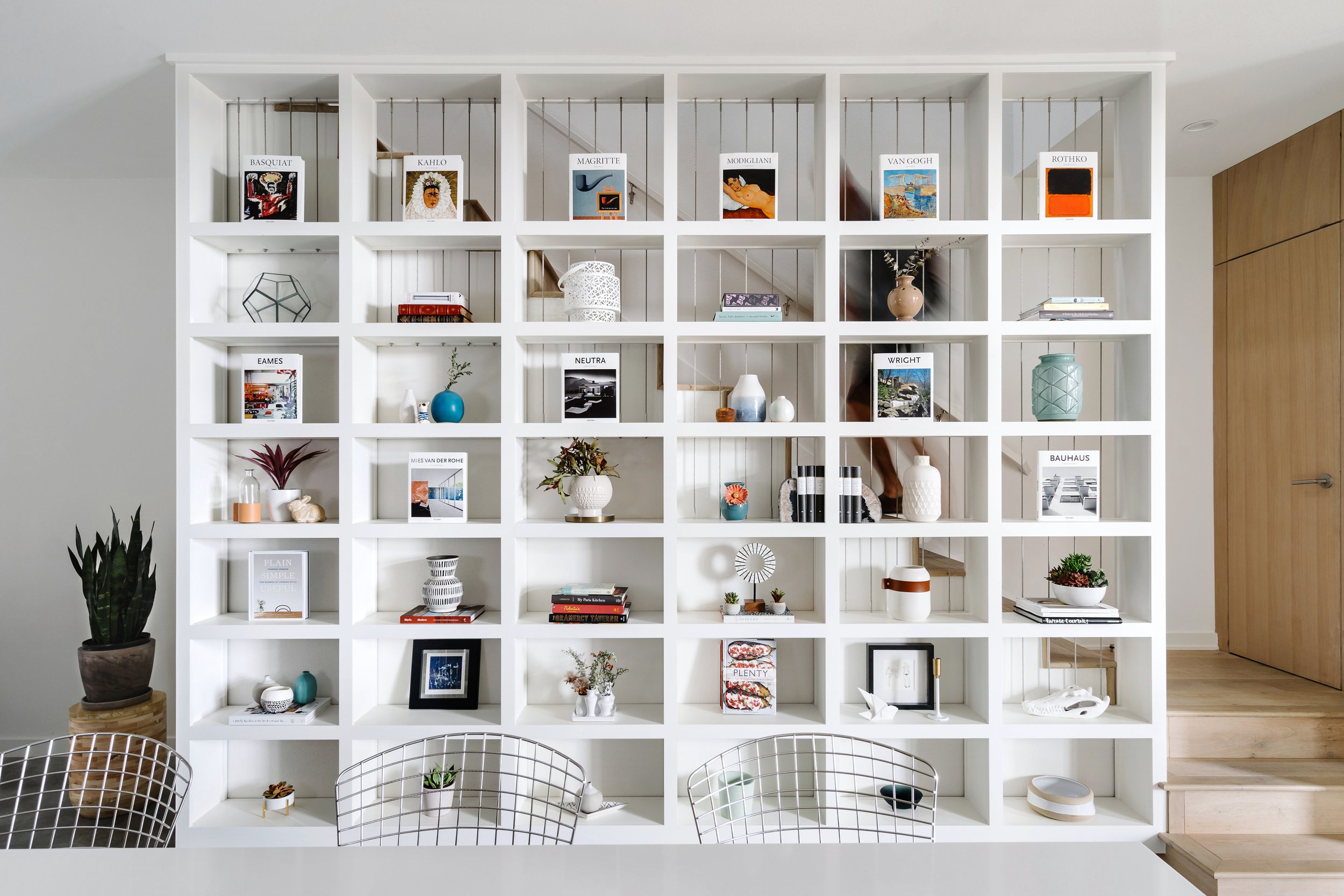 Bookcase in a tranquil &amp; minimal modern Austin townhouse 