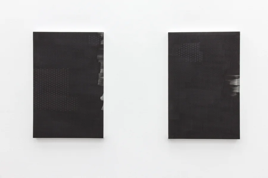 (L to R) Madonna of the Long Robes oil, graphite and plaster on panel, 71 x 47 cm, 2018 Long Distance Call (A Visit from the White Bird) oil, graphite and plaster on panel, 71 x 47 cm, 2018
