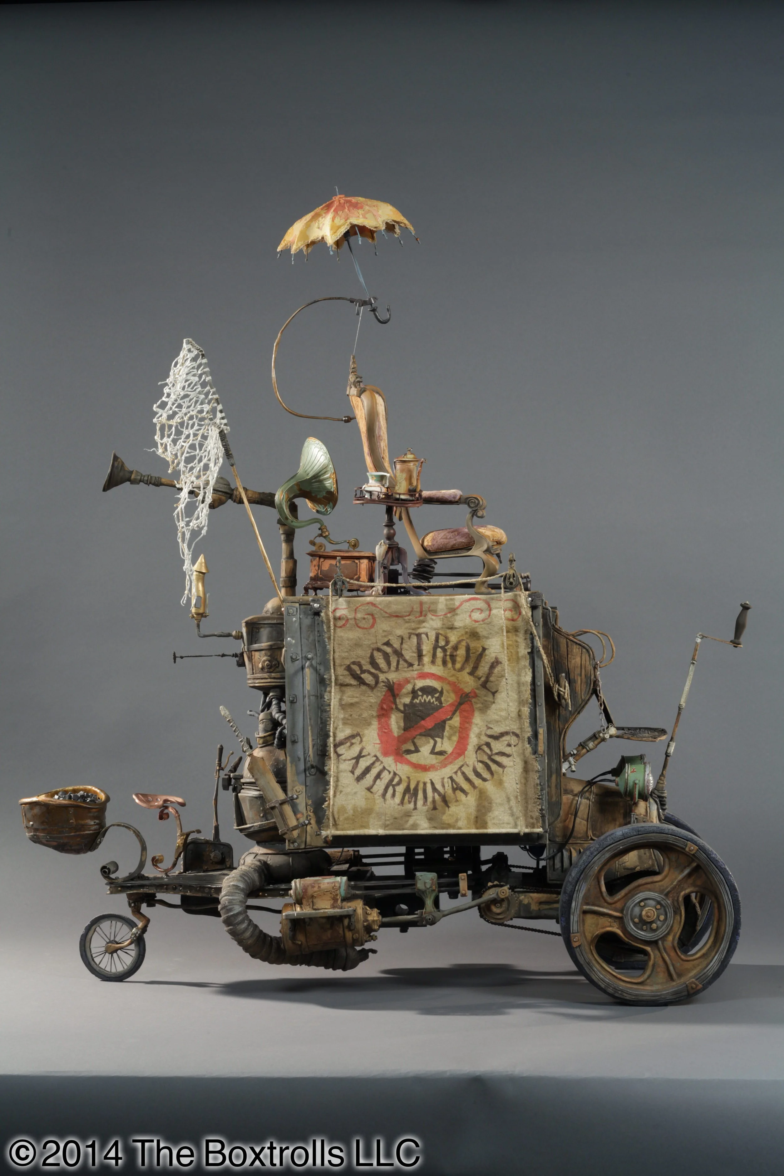 Boxtrolls, 2014. Truck wheels, chair, bicycle seat, gramophone, levers, coal bin, chassis, cage, pipes, funnels.