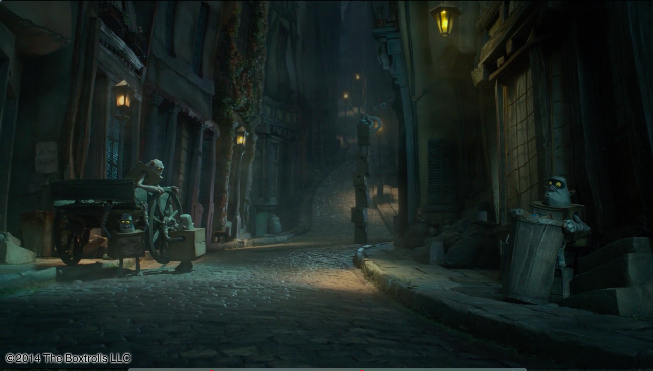 Boxtrolls, 2014. Cobblestone streets, lampposts, sidewalks, building facades, brickwork, window panes, crates, trash cans.