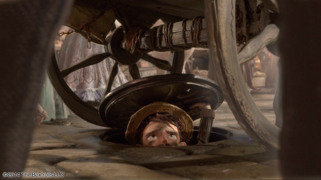 Boxtrolls, 2014. Manhole lid, cobblestone street, wagon wheel and axle. 