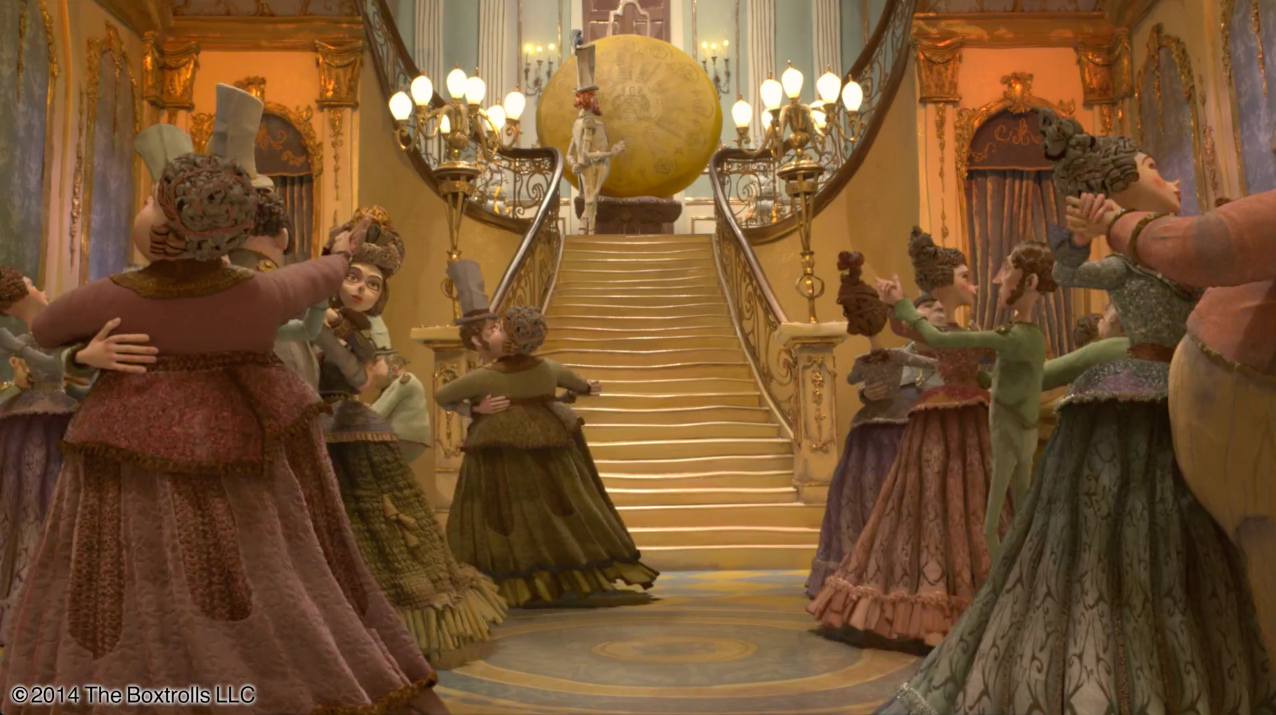 Boxtrolls, 2014. Filigree wall decorations, lamps, stair railings, large cheese wheel, candelabras.