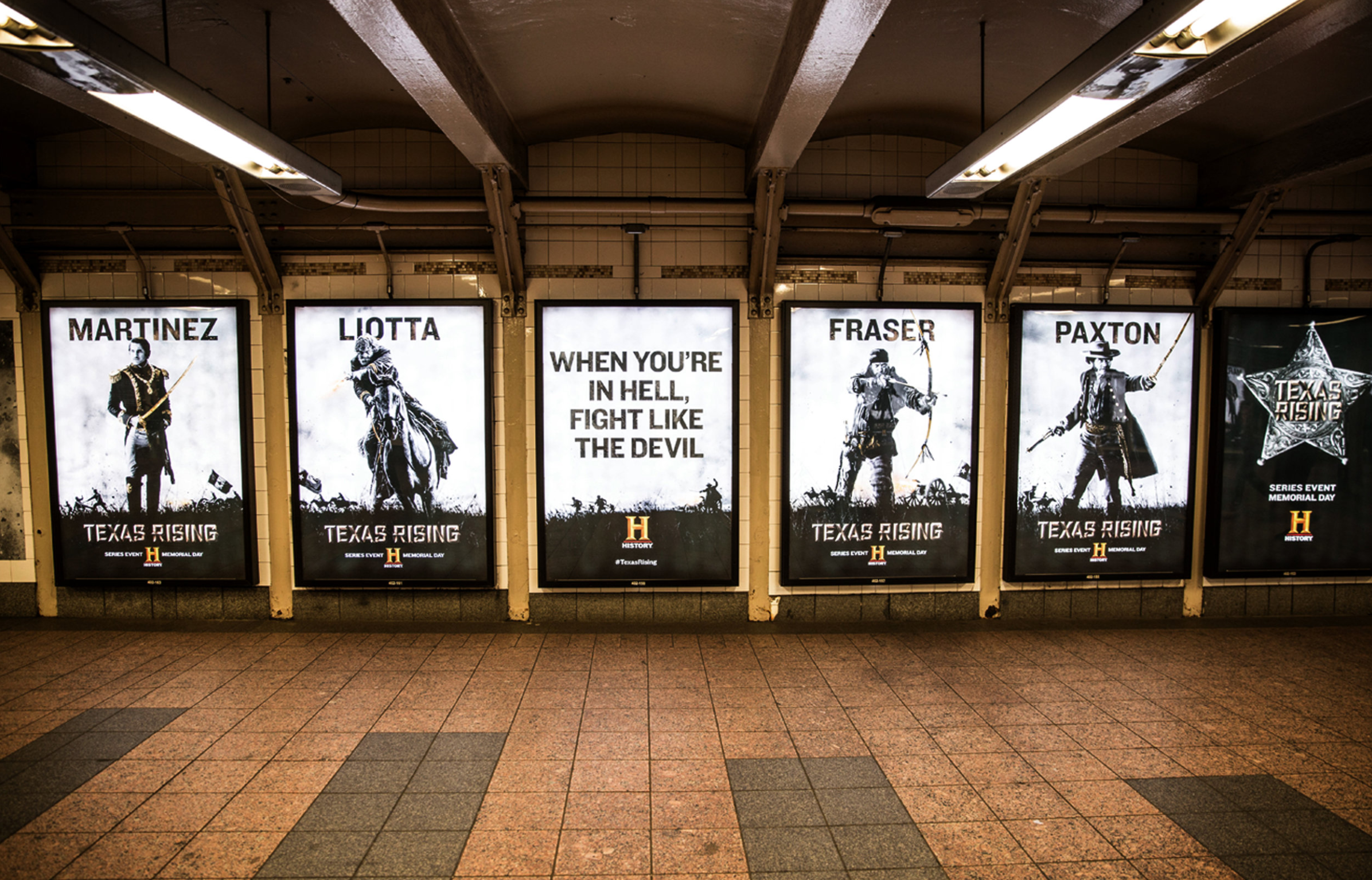 For HSTORY’s miniseries event, TEXAS RISING, we did a station domination. A walk through of Grand Central enabled us to strategically place each piece of art. The eye catching art created successful ratings.