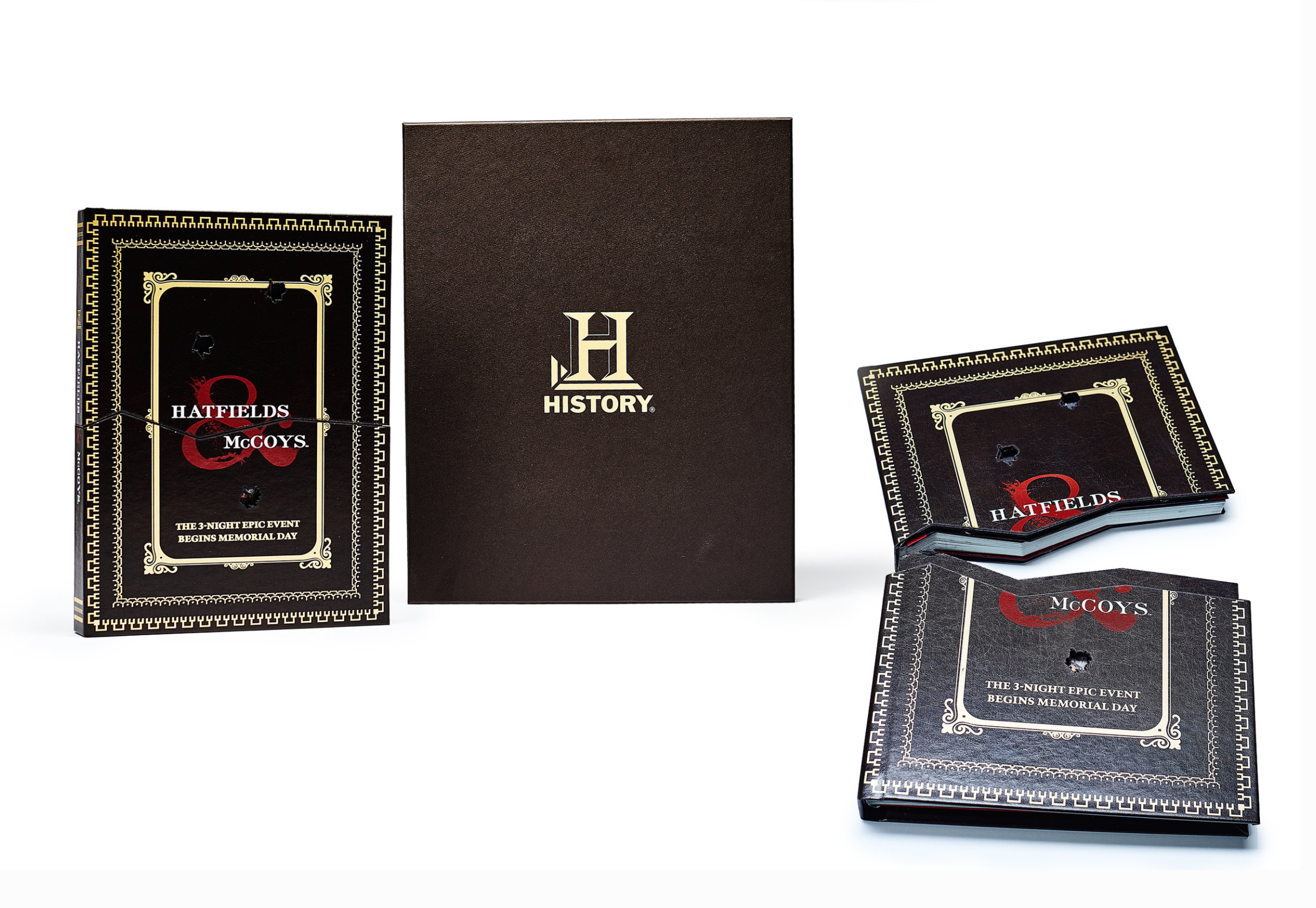 To show two families torn apart, we custom created a photo album that appears whole and then gets broken apart. Inside tells the story of the famous feud. Kevin Costner proudly displayed the presskit inside his restaurant. HATFIELD’S &amp; McCOY’S w…