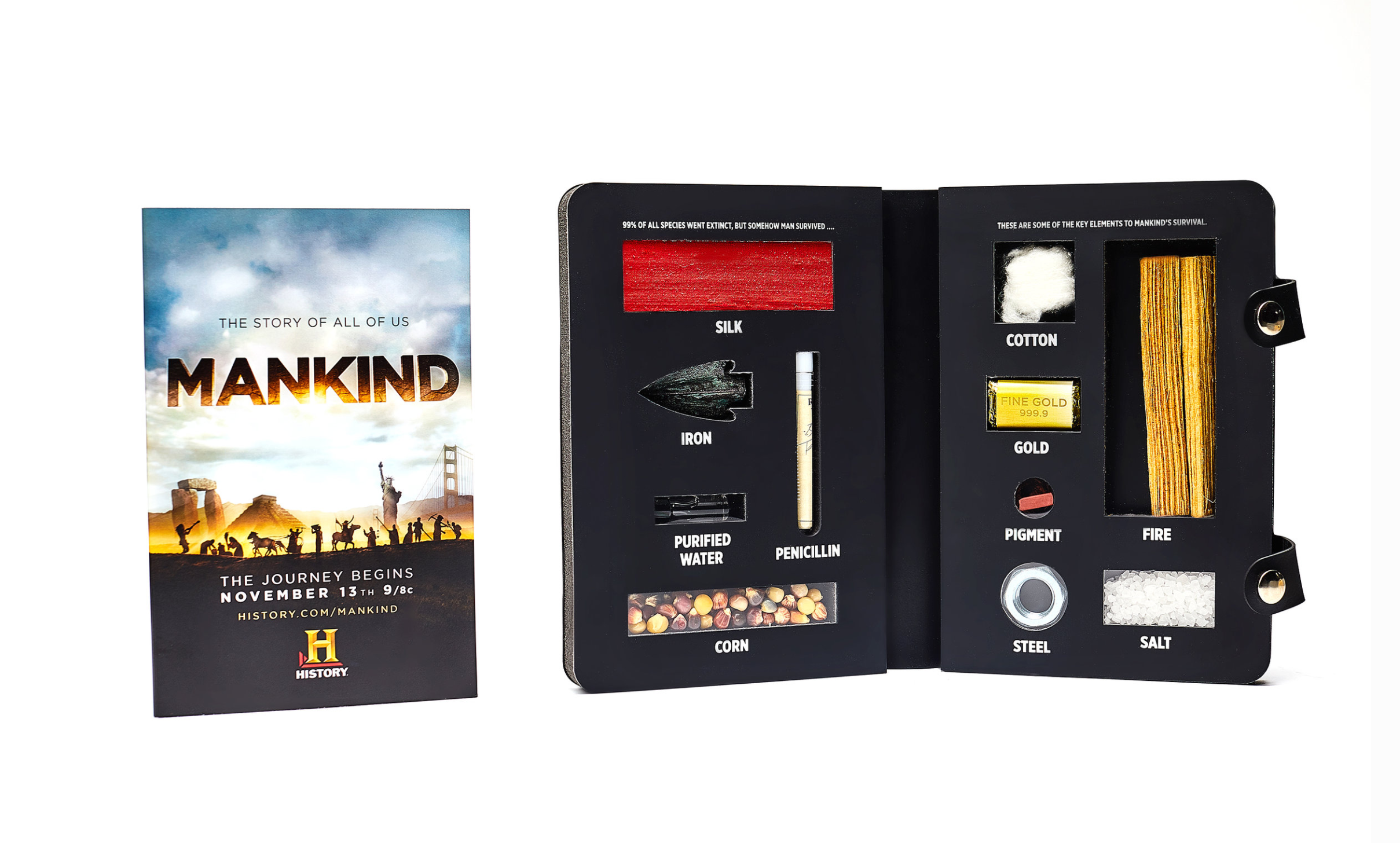 A custom press kit of all the elements that help mankind exist is combined in this fun kit. Not only did this promote MANKIND the epic 12-hour television event but it also gave the press a history lesson.