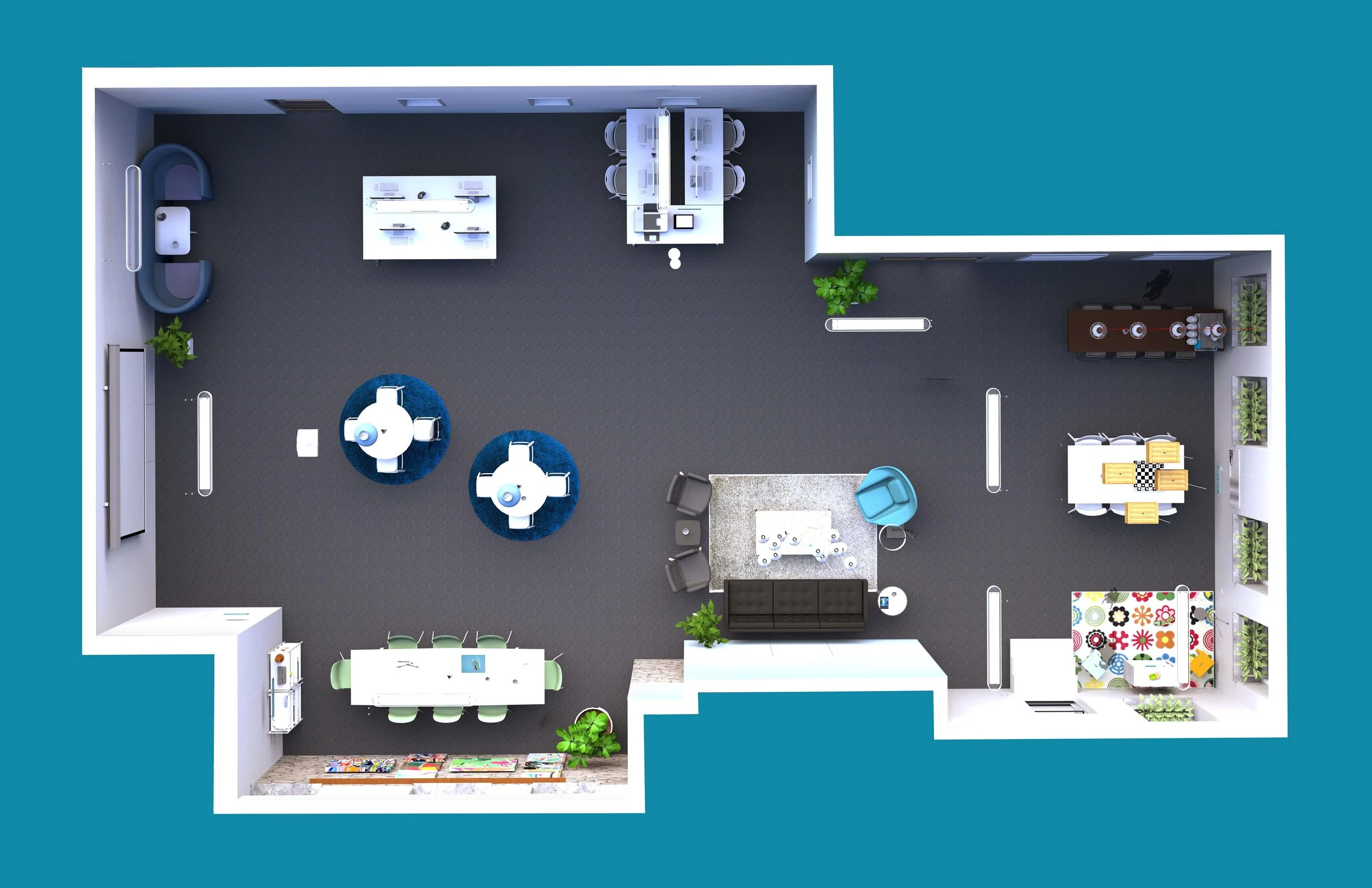  The final design proposes a space that consists of areas for informal gathering, creation, play and work. 