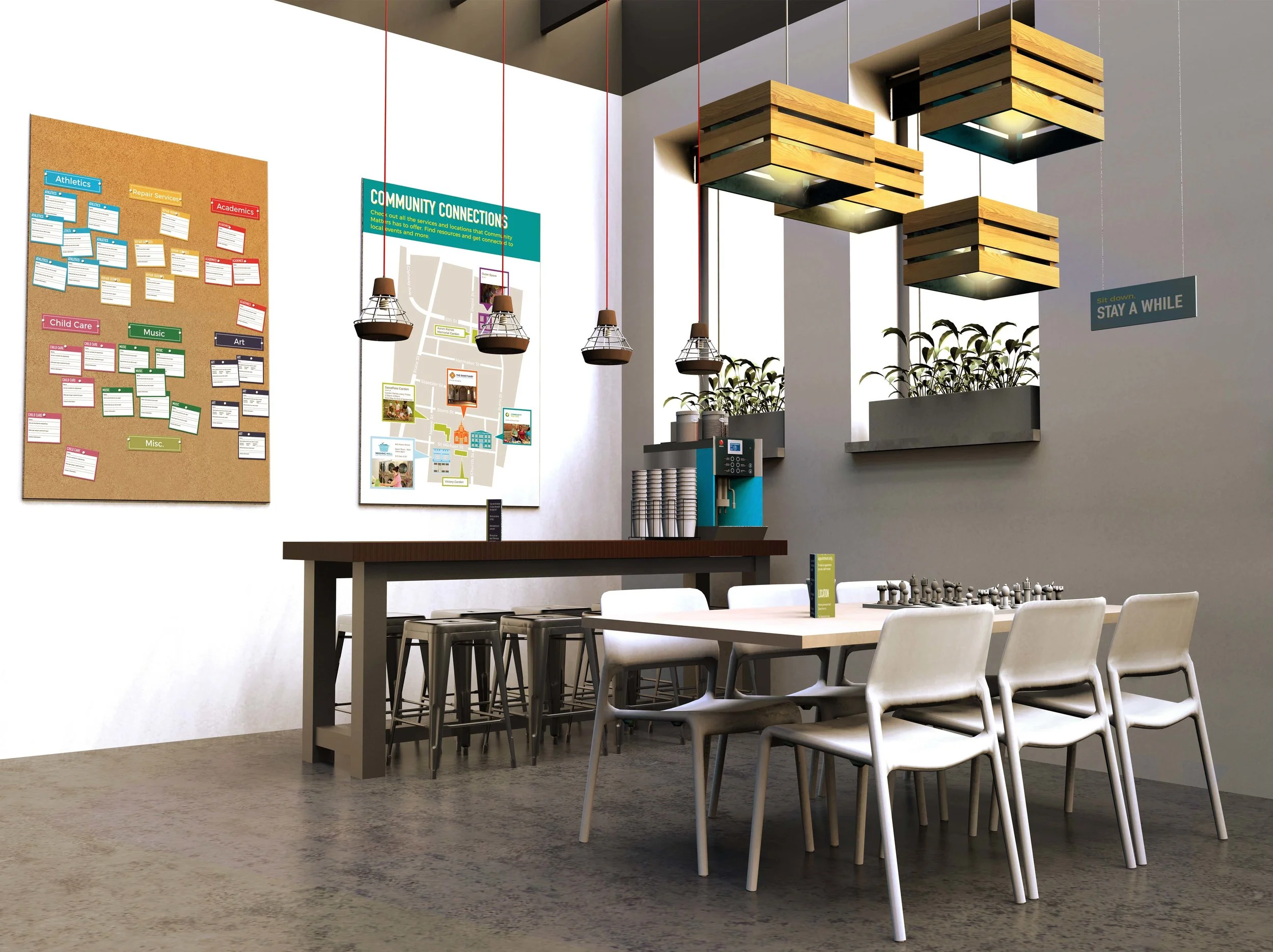  A coffee bar and game table offer a place to meet and chat. An asset map and skills bulletin emphasize the strenghts of the community, as well as opportunities for residents to connect. 