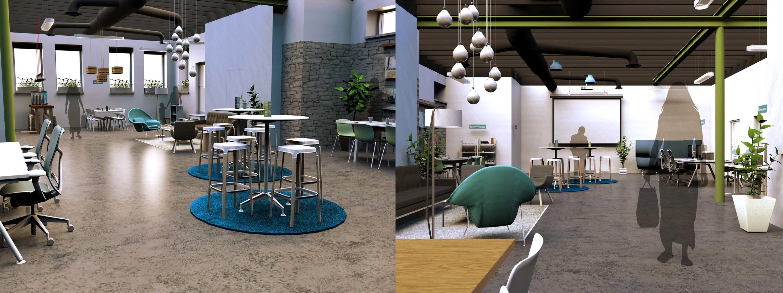  To the left: in the front, high tables for completing paper work and viewing presentations; To the right: view toward the projector, which can be used for workshops and presentations 