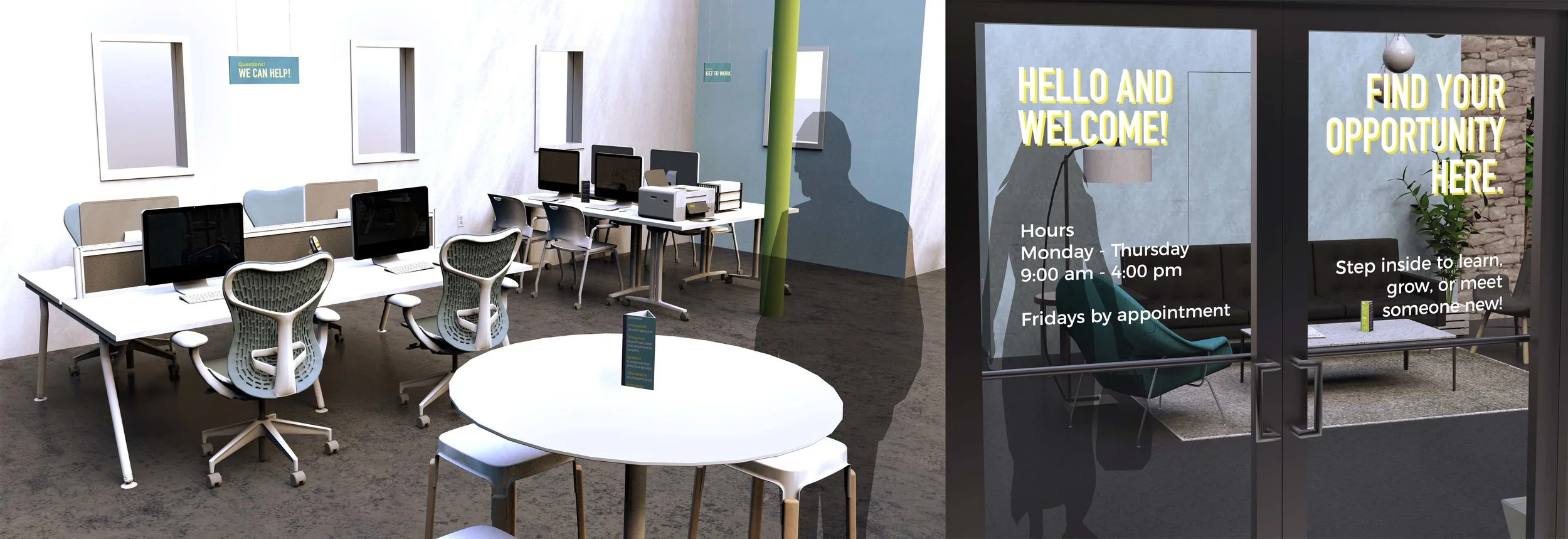  To the left: computer workstations, and a copier and printer for completing work such as job applications; To the right: the view from the door before entering the Opportunity Hub 