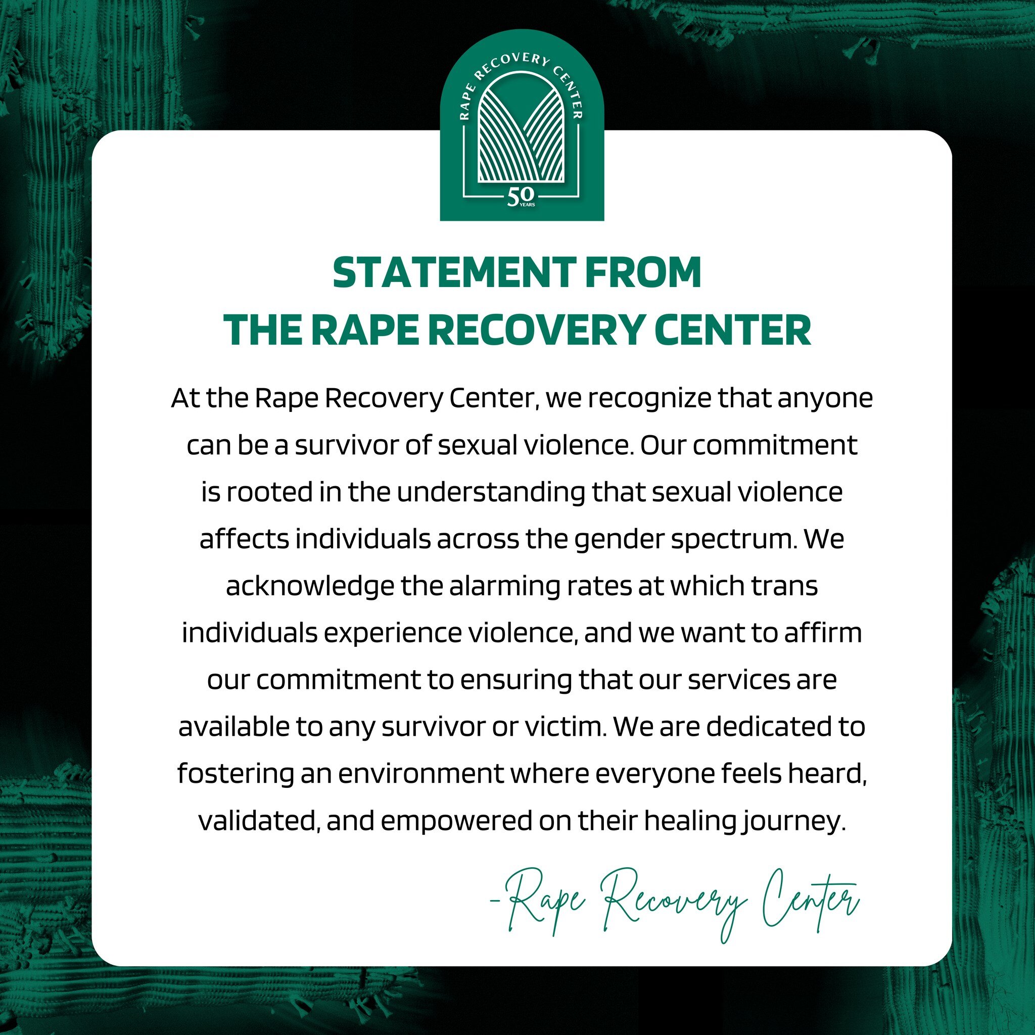 The Rape Recovery Center is here to support ALL Survivors. We acknowledge the disproportionate rates of violence faced by trans individuals and affirm our dedication to providing inclusive services. Let's work together to create a community where eve