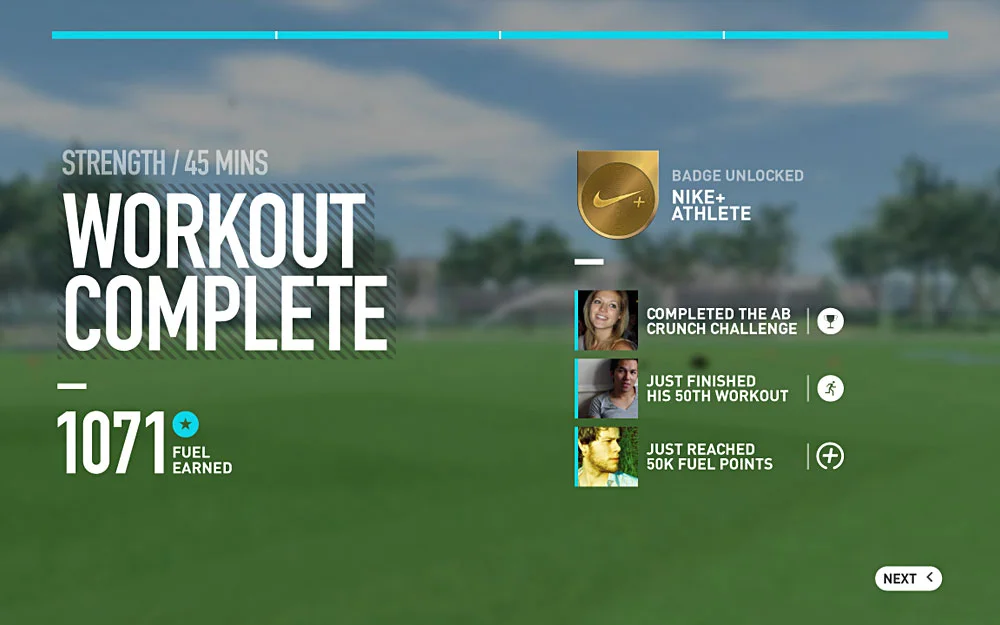 At the end of each workout, there was a summary of stats, badges and community updates.