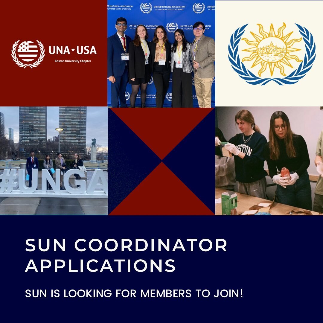 Our @bu.una chapter is looking for sun coordinators for the 23-24 year! If you&rsquo;re interested in community service and would like to learn more about how the UN functions, we encourage you to apply! Through leadership in SUN, you&rsquo;ll be abl