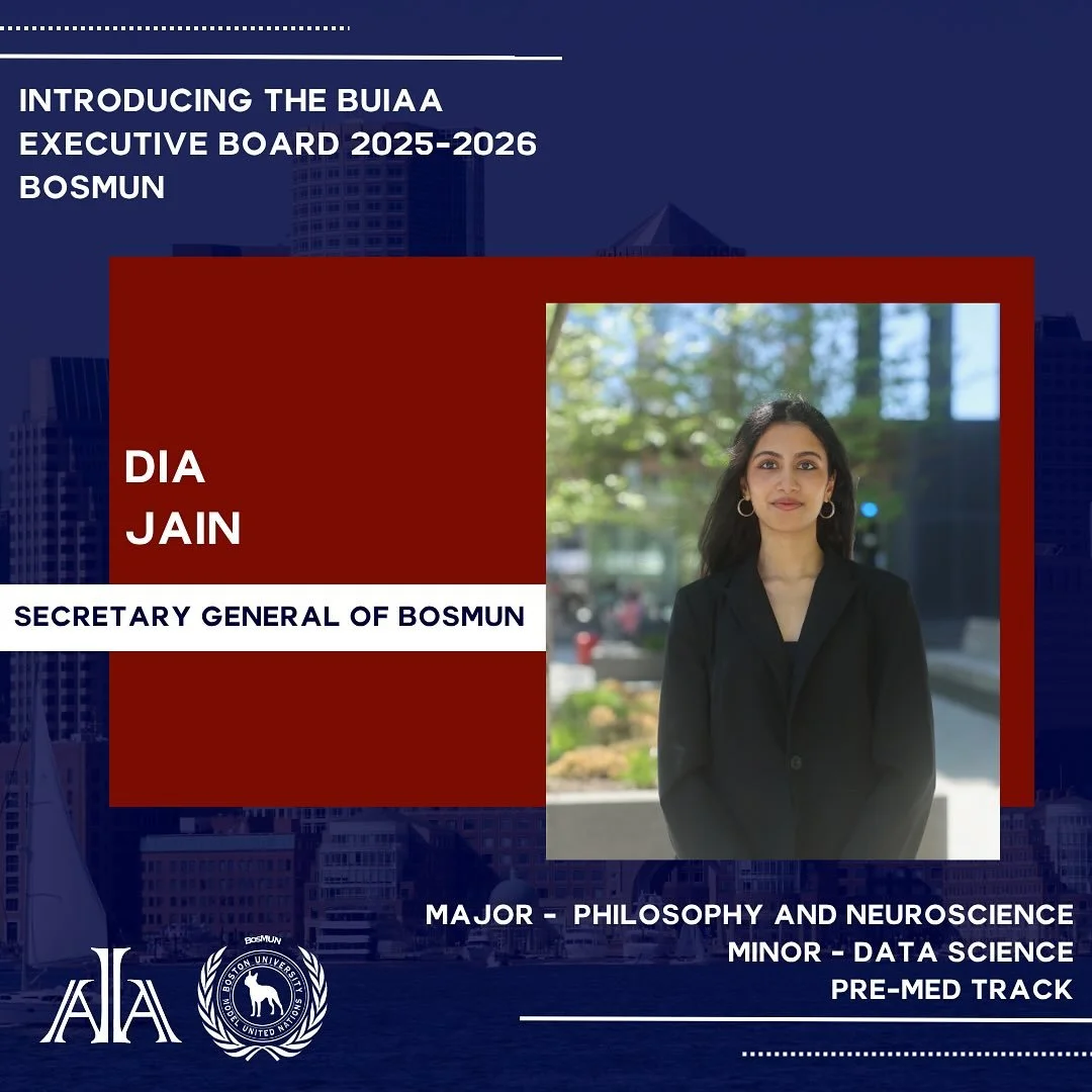 Dia (she/her) is a junior on the pre-med track majoring in Neuroscience and Philosophy with a minor in Data Science. She currently serves as the Secretary-General for the 25th iteration of BosMUN, is a member of MUN@BU, and senior staffs BarMUN! Outs