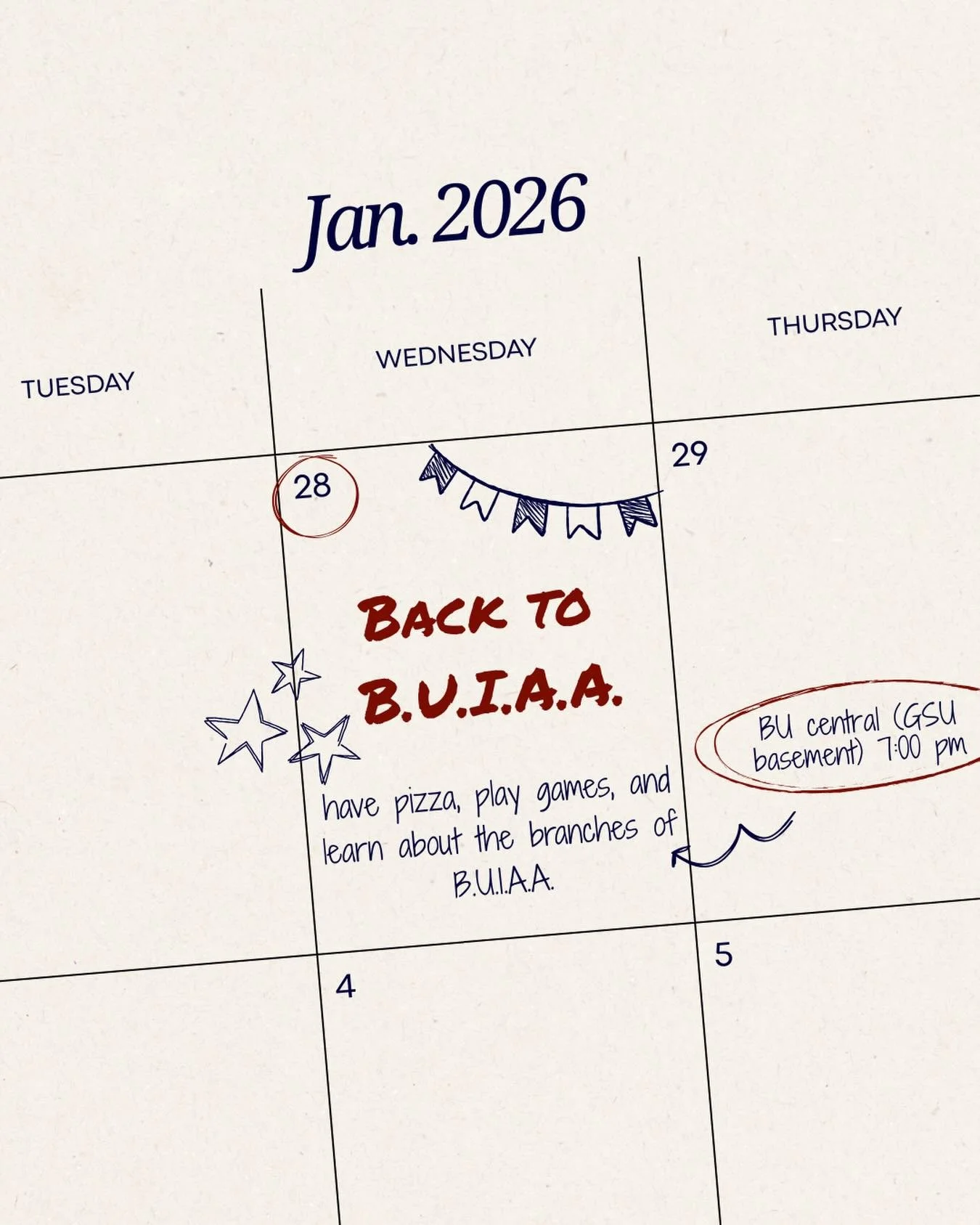 Hello everyone! Wednesday, Jan. 28th, We&rsquo;ll be having our Back2BUIAA event at BU central (gsu basement). This event is open to EVERYONE interested in any branch of BUIAA! Can&rsquo;t wait to see you all there!