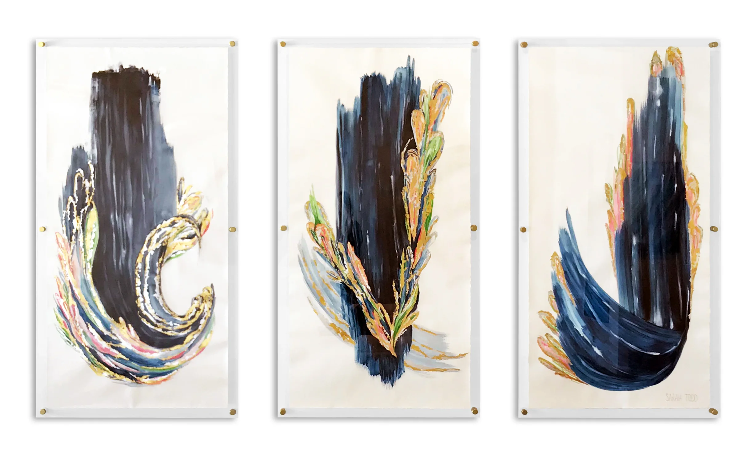 PROVERBS SERIES III AVAILABLE FOR PURCHASE @ Sarah Todd Studio 72”H x 36”W each TRIPTYCH 24K Gold Leaf, Genuine Silver Leaf, Watercolor on Paper framed in Lucite with Gold Stand-offs