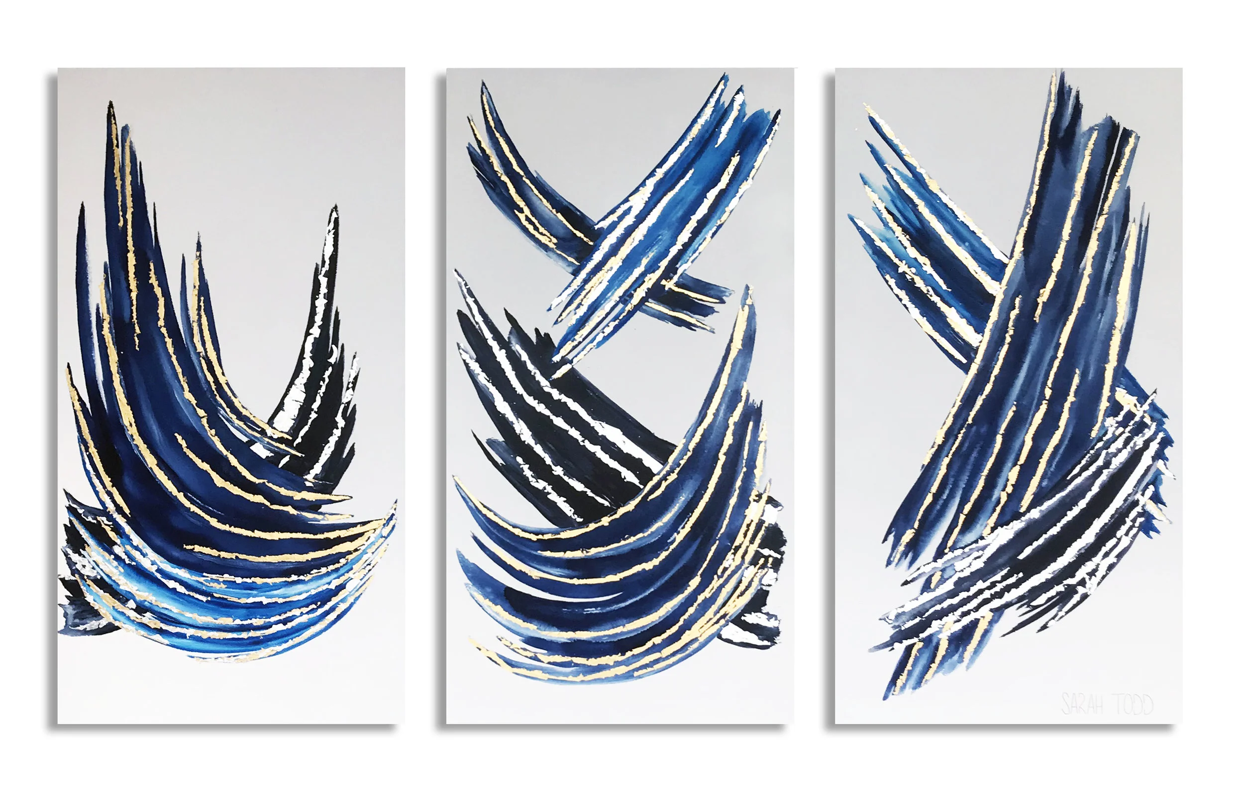 SHAKEN NOT STIRRED AVAILABLE FOR PURCHASE @ Ligne Roset Dallas 48”H x 24”W each TRIPTYCH Watercolor, 24K Gold Leaf and Genuine Silver Leaf on Canvas