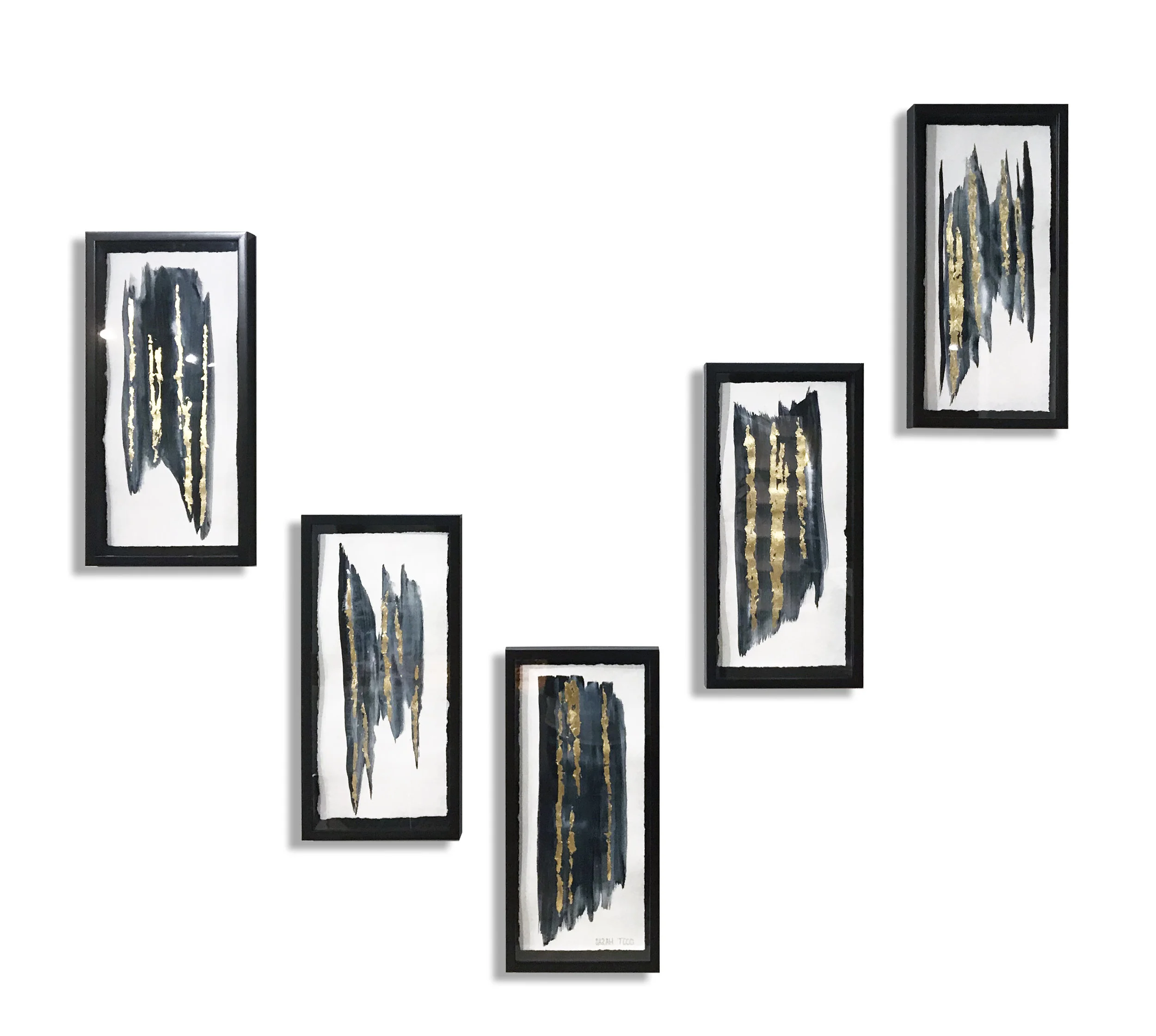 WHISPERS AVAILABLE FOR PURCHASE @ The Interior Dallas 21”H x 10”W each PENTAPTYCH Watercolor and 24K Gold Leaf on Paper Framed in Black Shadow Frames