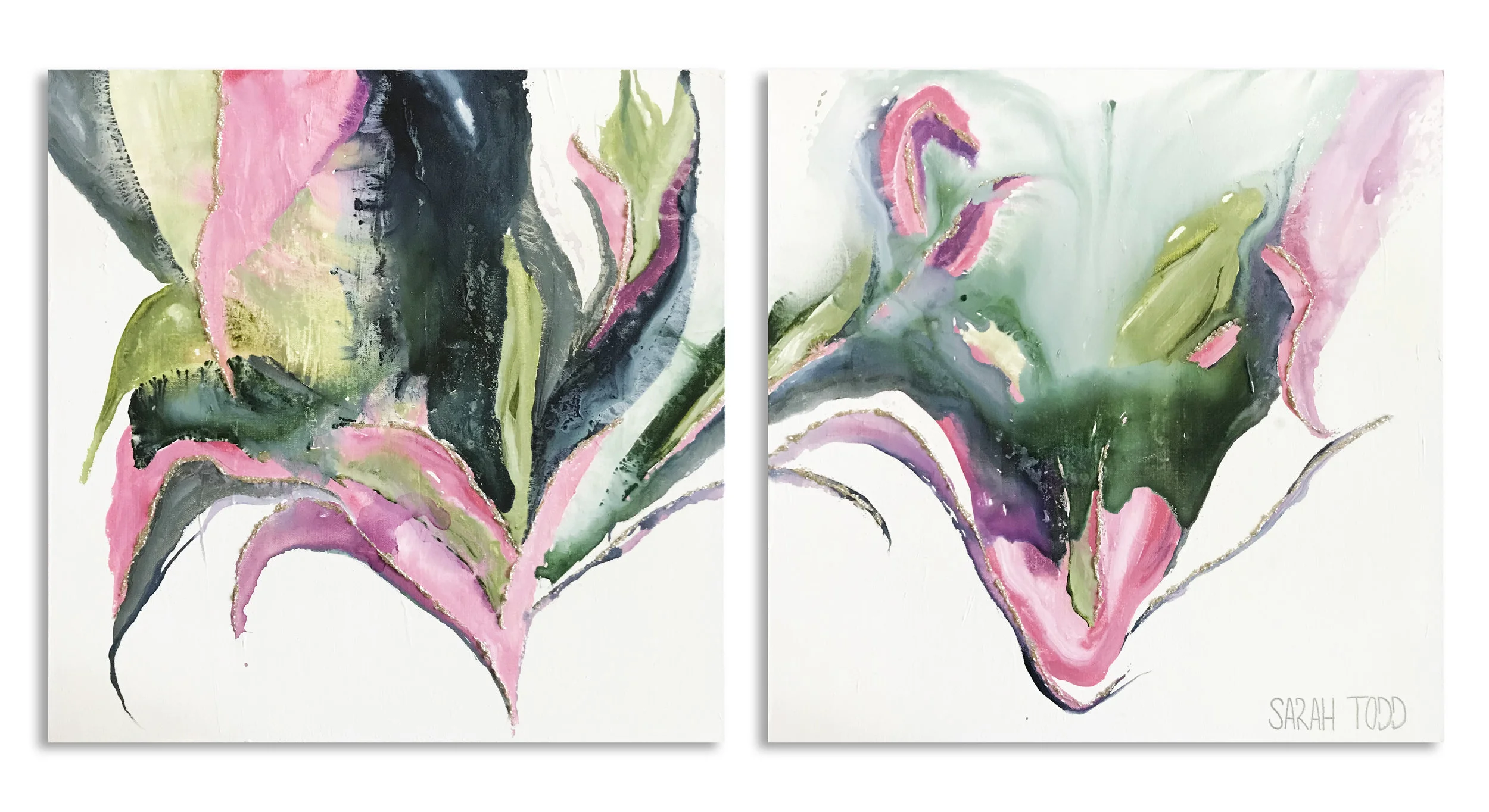 SIGNS OF SPRING AVAILABLE FOR PURCHASE @ The Interior Dallas 24”H x 24”W Diptych Watercolor, Acrylic and Pearl Mica