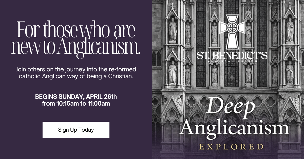 Promotional flyer for a church event called 'Deep Anglicanism.' It features a black-and-white photograph of a Gothic-style cathedral facade with sculptures and stained glass windows. The flyer states the event begins on Sunday, April 26th, from 10:15
