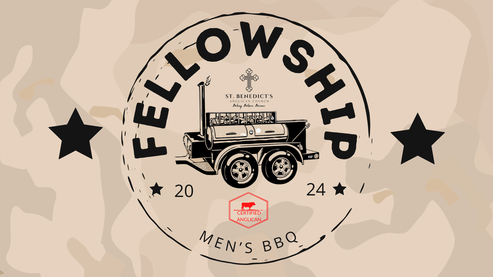 Logo for Feellowship Food with a beige camouflage background, featuring a drawing of a black barbecue smoker and the text 'Feellowship', 'Men's BBQ', and the years '2020' and '2024'. It includes stars and a red stamp with a cow icon and the words 'Ce