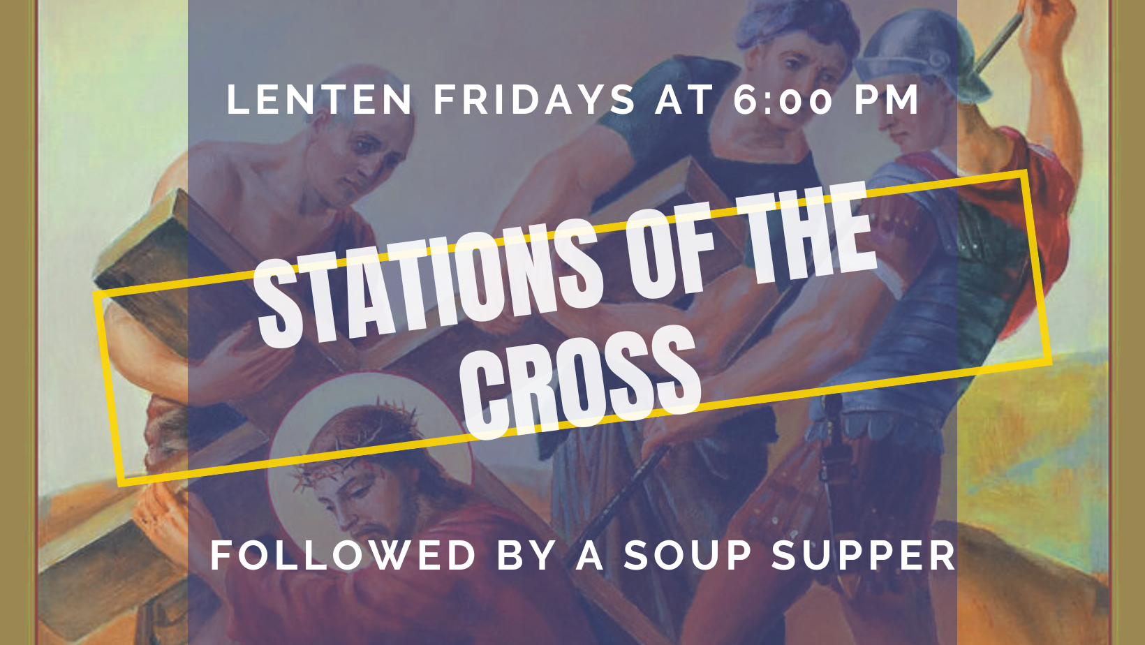 A religious painting of Jesus Christ wearing a crown of thorns and surrounded by other figures, with event information overlayed.