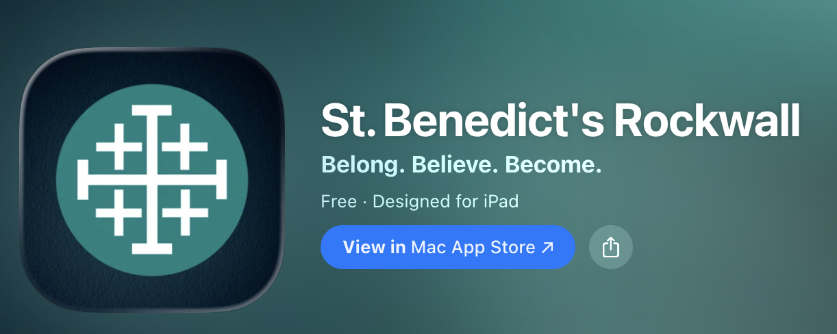 App icon with multiple white crosses arranged in a circular pattern on a teal background, associated with St. Benedict's Rockwall app, visible alongside app store information.