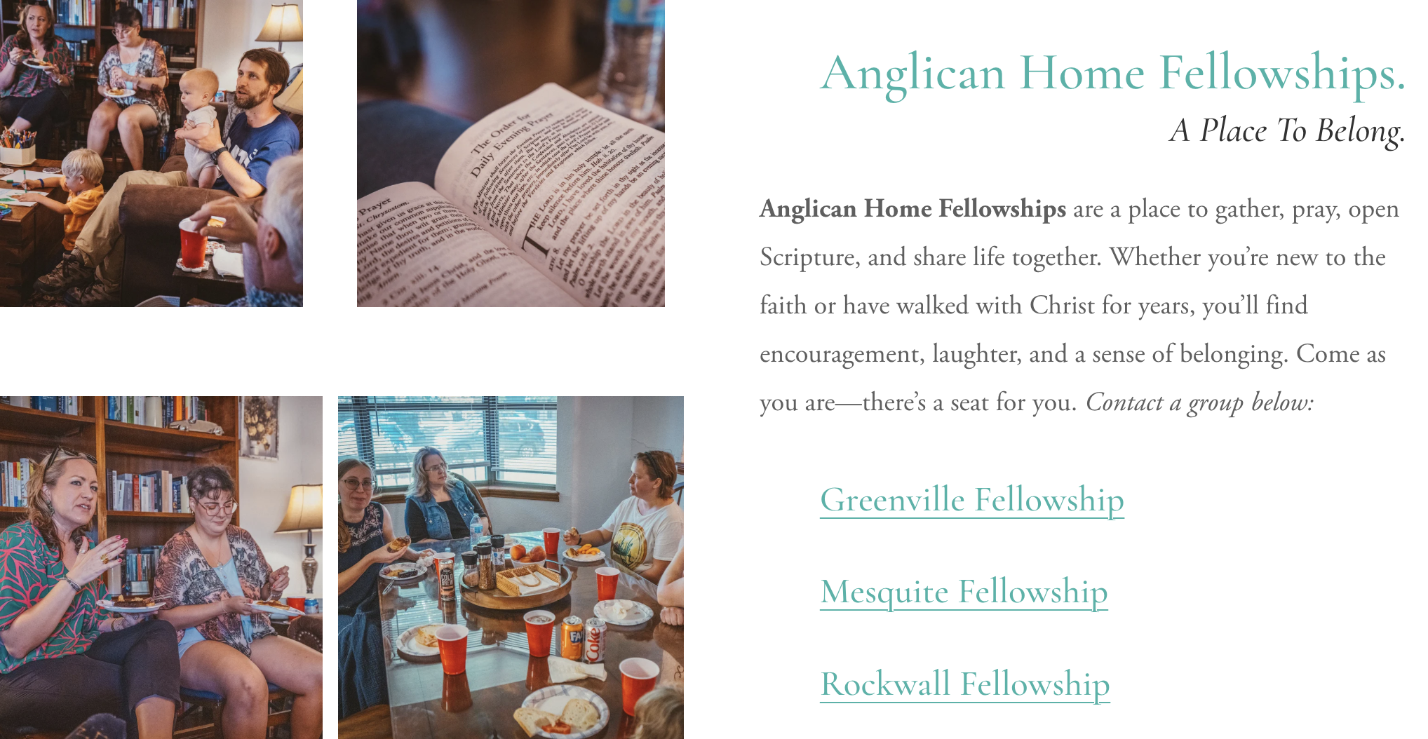 A flyer for Anglican Home Fellowships featuring three photos of diverse groups of people gathered in a living room and dining area, engaging in conversations, sharing a meal, and reading scripture.