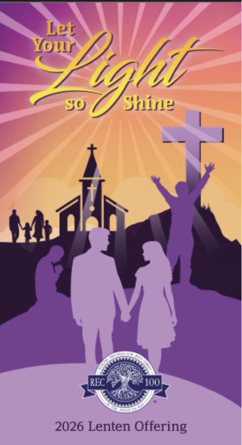 A colorful religious digital artwork with the text "Let Your Light so Shine" and a depiction of a man at a cross with arms raised, a church, and a family holding hands. It also features a seal for a 2026 Lenten Offering and the date 2026.