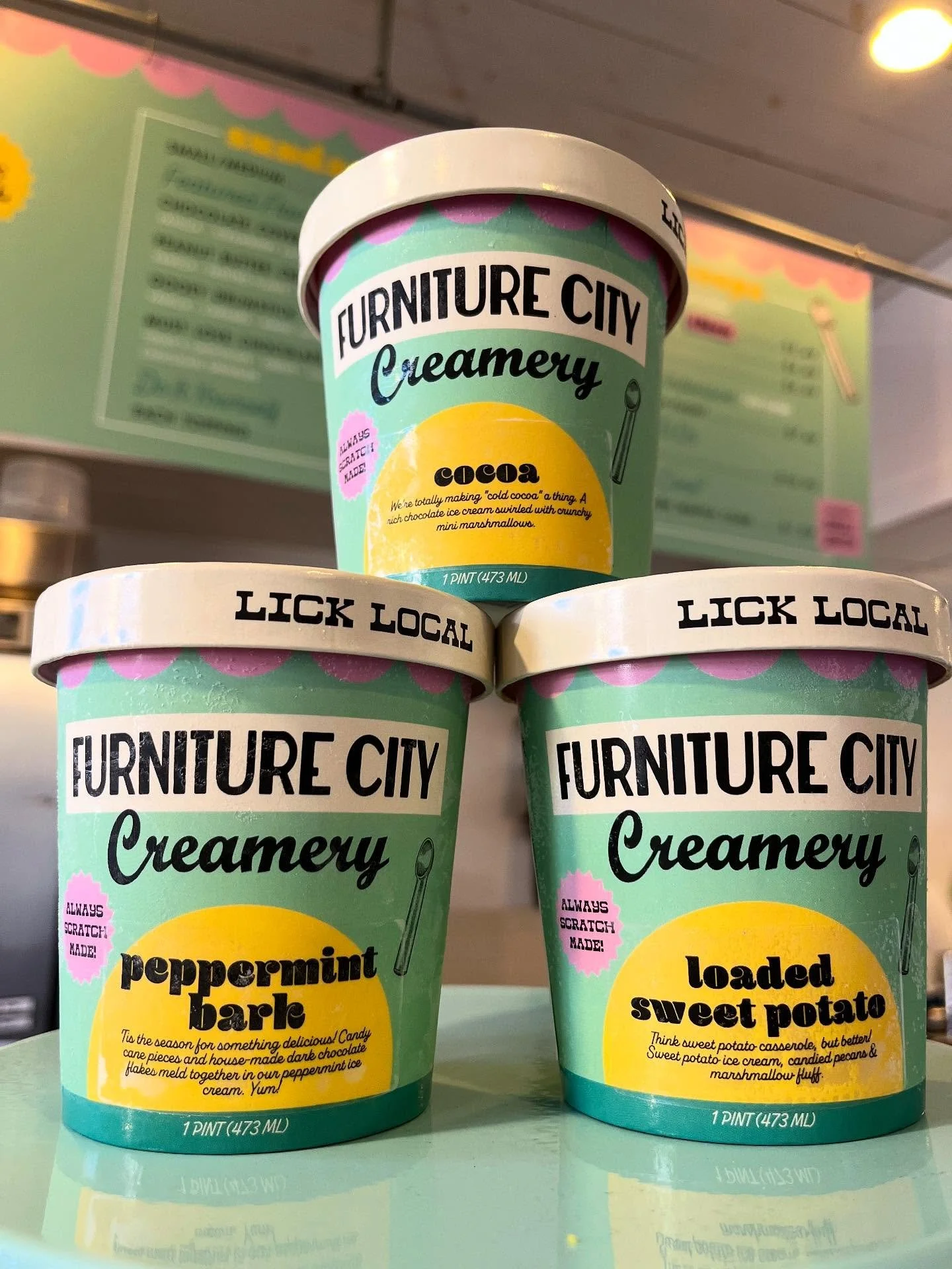 We started stocking our freezer with some of our seasonal flavors. We hope you are excited as we are.
Loaded Sweet Potato: Sweet Potato ice cream with candied pecans and a marshmallow fluff swirl 
Peppermint Bark: Peppermint ice cream swirled with ca