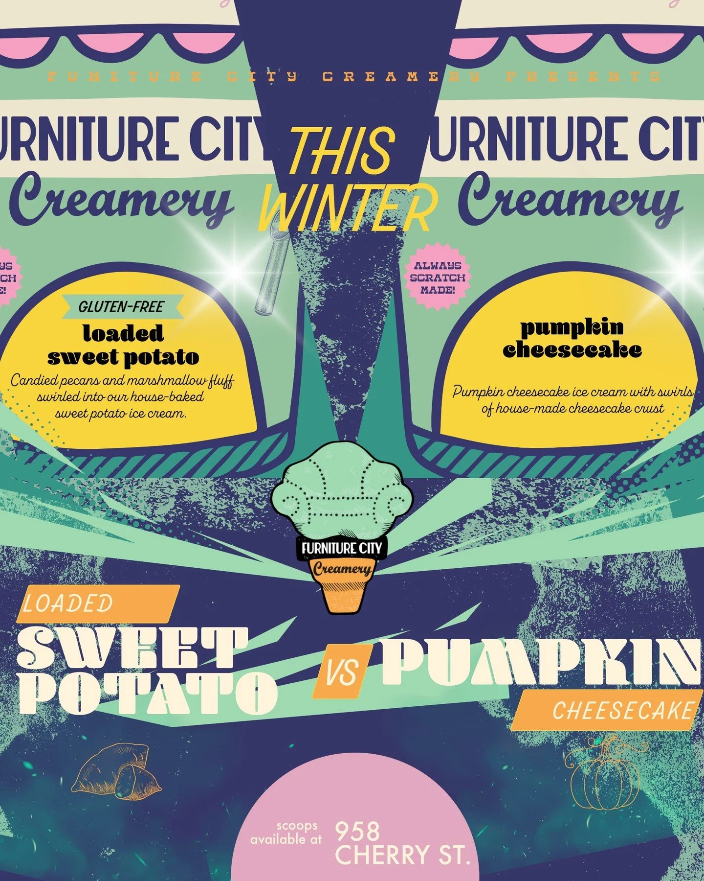Loaded Sweet Potato vs. Pumpkin Cheesecake &mdash; who takes the crown this season?! Come stop by for a scoop of our seasonal favorites.