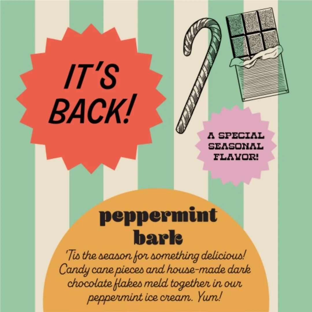 It&rsquo;s not really the holidays until we mix up a batch of Peppermint Bark. Available now through Christmas in pints to go.  Check out our instagram to know when it is scooping.