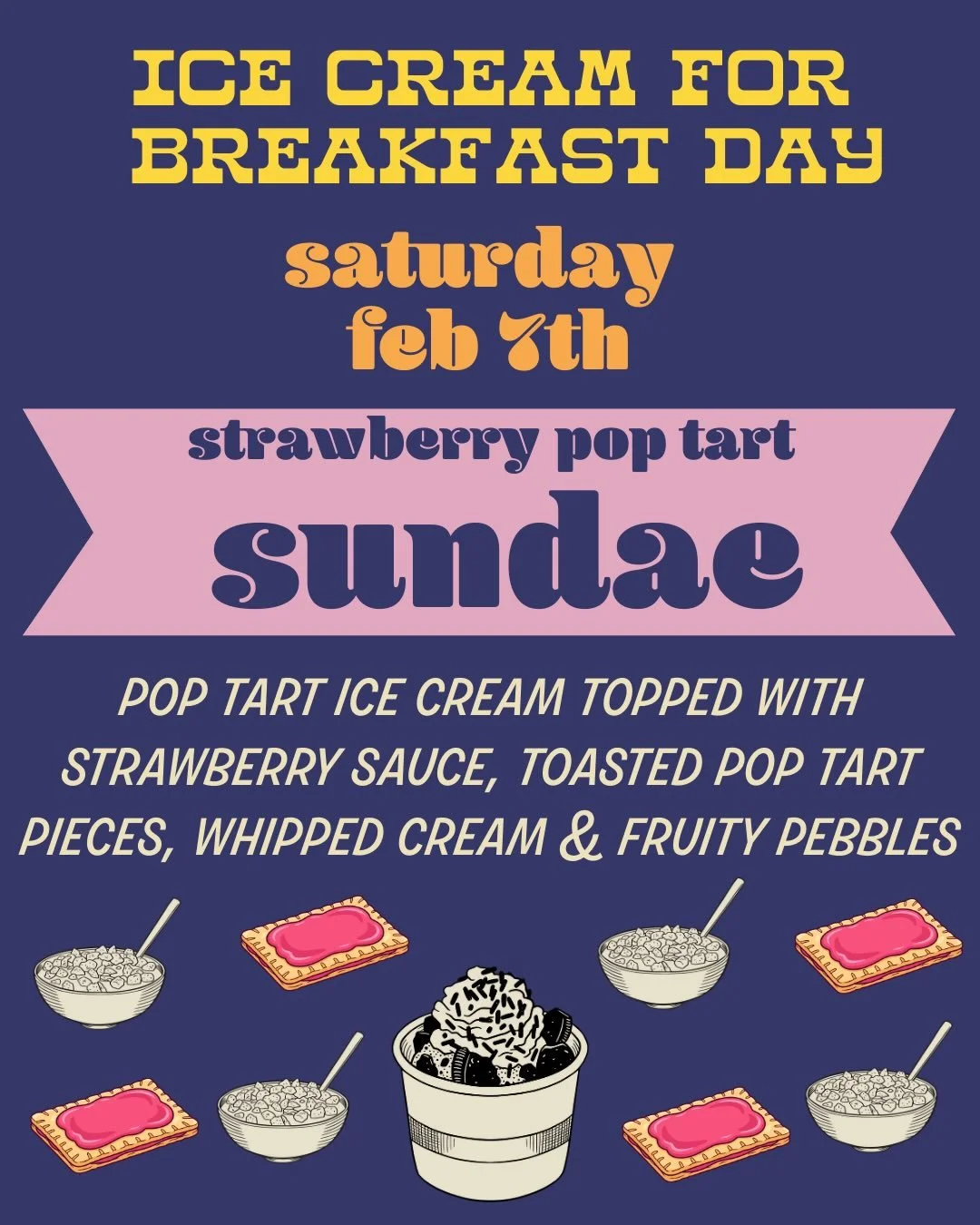 Breakfast, but make it ice cream. 🥄🍨
Ice Cream for Breakfast is coming this Saturday (Feb 7th, 9 am - Noon).
From loaded sundaes to dreamy shakes, plus new + returning specialty flavors&mdash;this menu is stacked.
Swipe through, plan your order, an